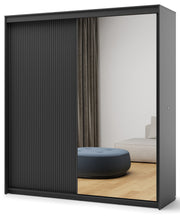 Schiebetürenschrank Trend, zweitürig, mit Spiegel und Beleuchtung, 200 cm, geriffeltes Frontdesign, schwarz
