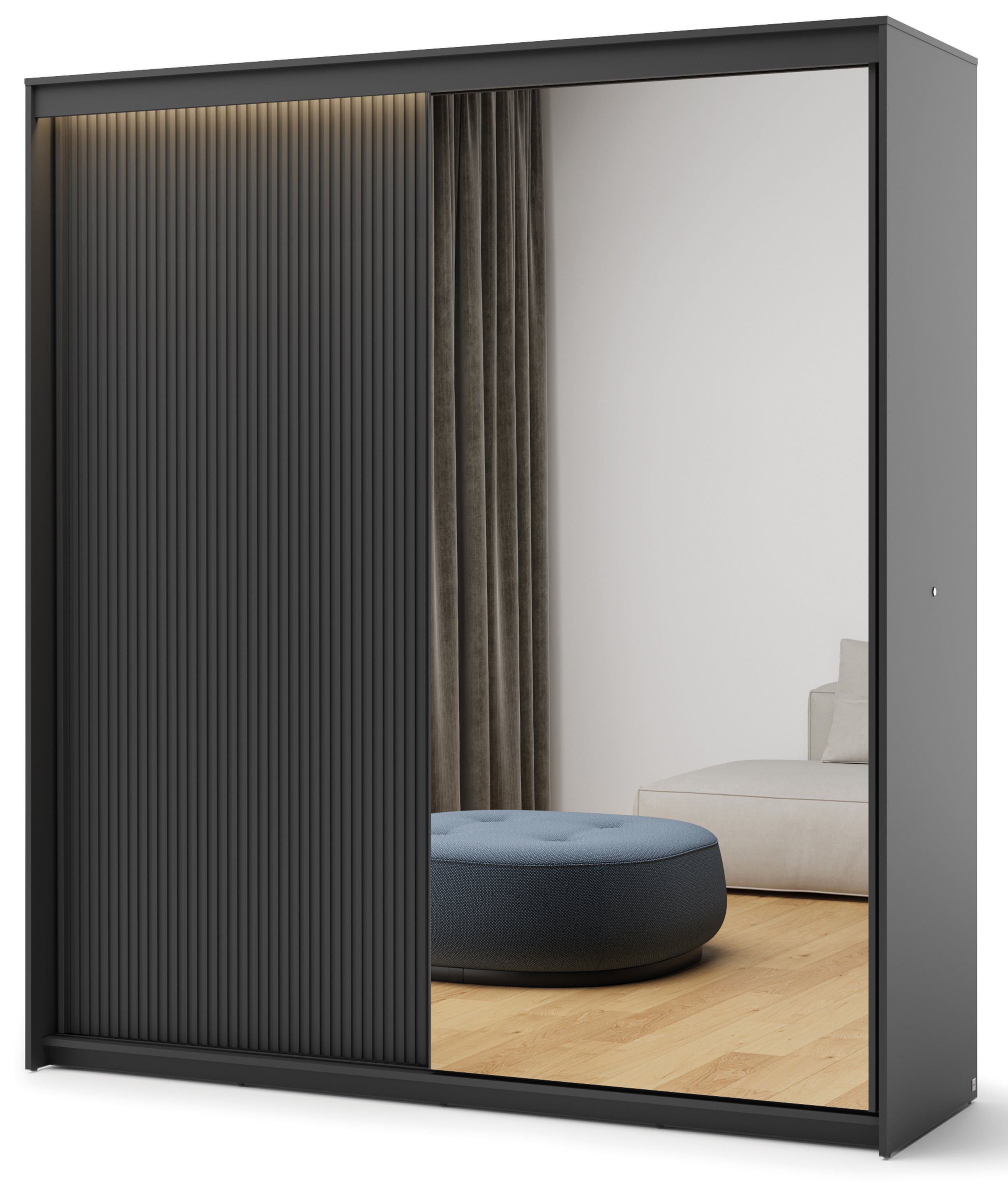 Schiebetürenschrank Trend, zweitürig, mit Spiegel und Beleuchtung, 200 cm, geriffeltes Frontdesign, schwarz