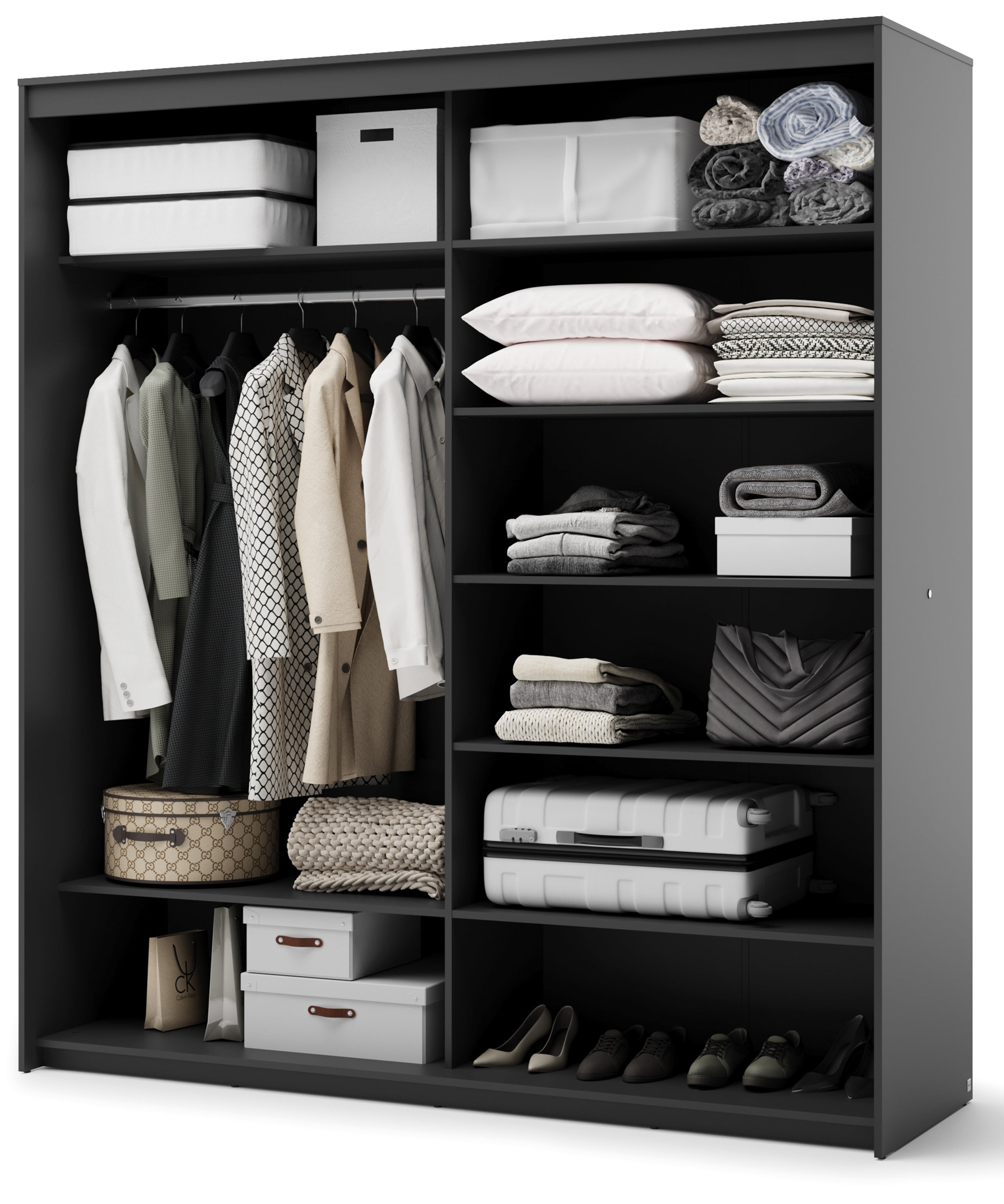 Schiebetürenschrank Trend, zweitürig, mit Spiegel und Beleuchtung, 200 cm, geriffeltes Frontdesign, schwarz