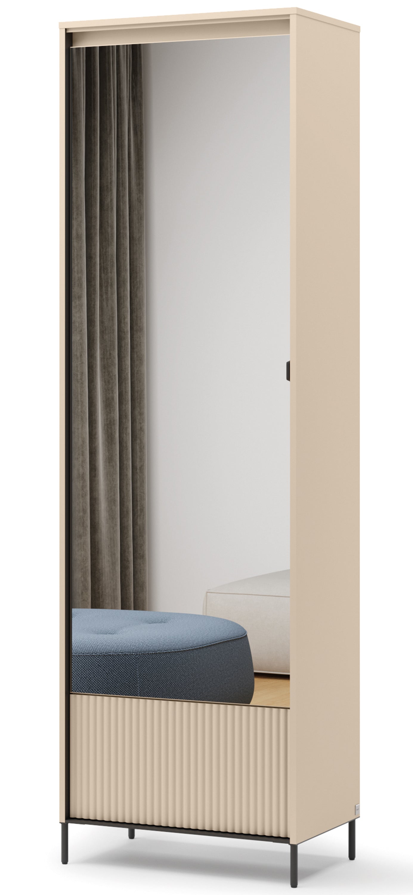 Einzeltüriger Trend-Schrank mit Spiegel und Beleuchtung, 65 cm, geriffeltes Frontdesign, sandbeige / schwarz