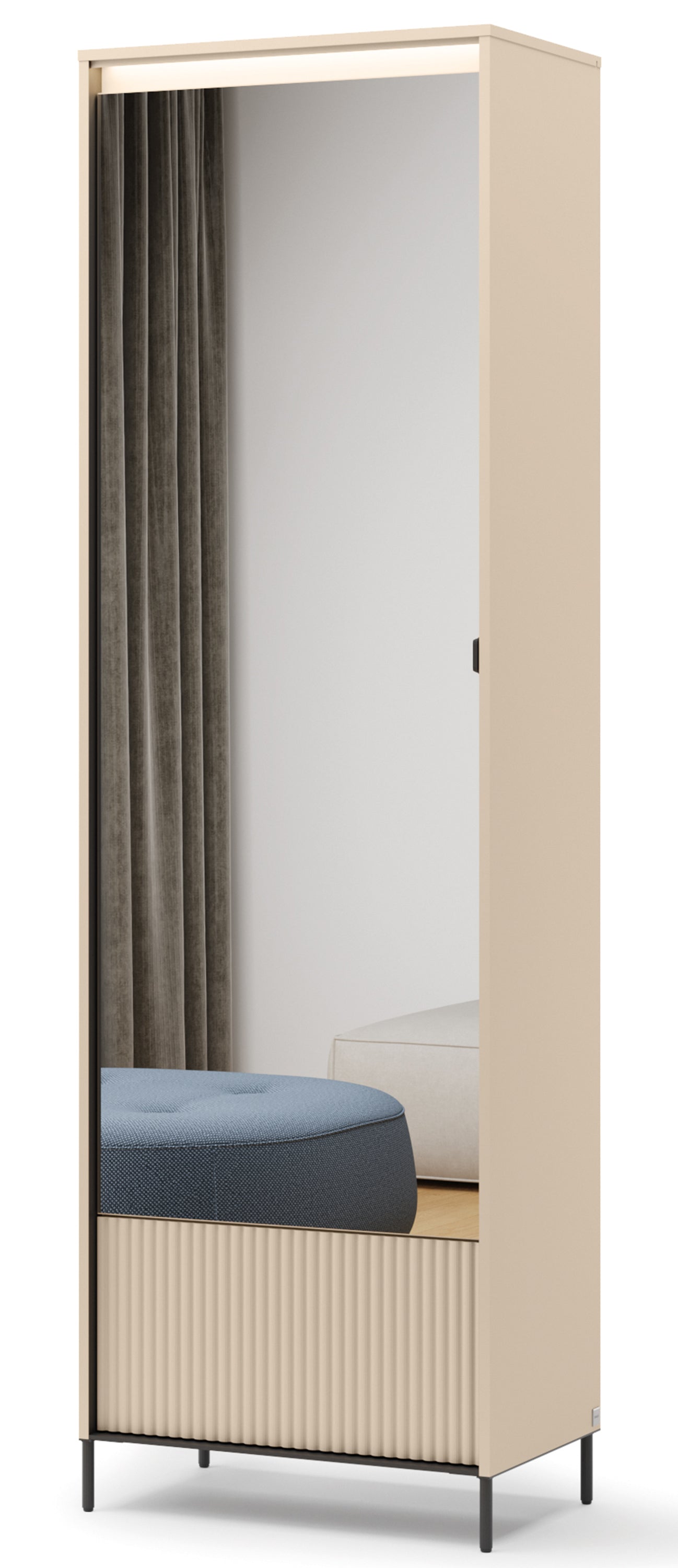 Einzeltüriger Trend-Schrank mit Spiegel und Beleuchtung, 65 cm, geriffeltes Frontdesign, sandbeige / schwarz