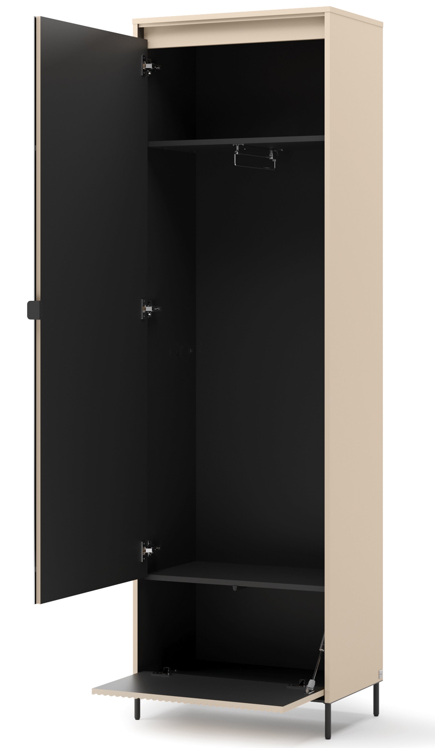 Einzeltüriger Trend-Schrank mit Spiegel und Beleuchtung, 65 cm, geriffeltes Frontdesign, sandbeige / schwarz