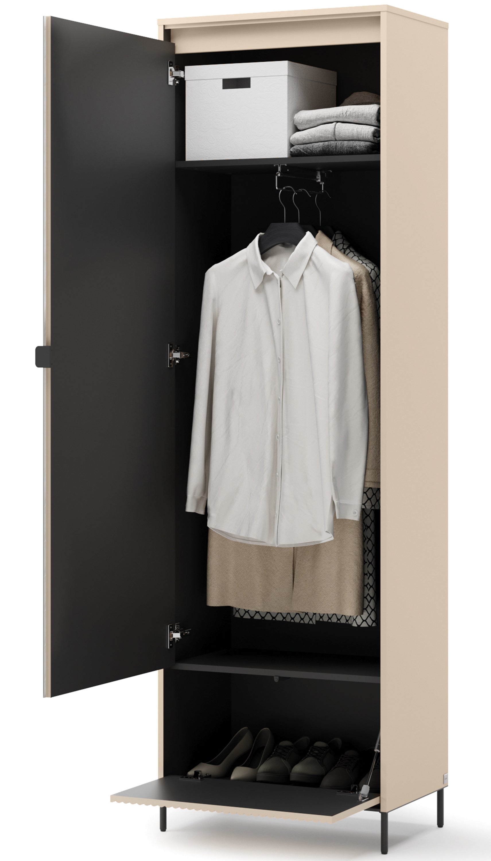 Einzeltüriger Trend-Schrank mit Spiegel und Beleuchtung, 65 cm, geriffeltes Frontdesign, sandbeige / schwarz