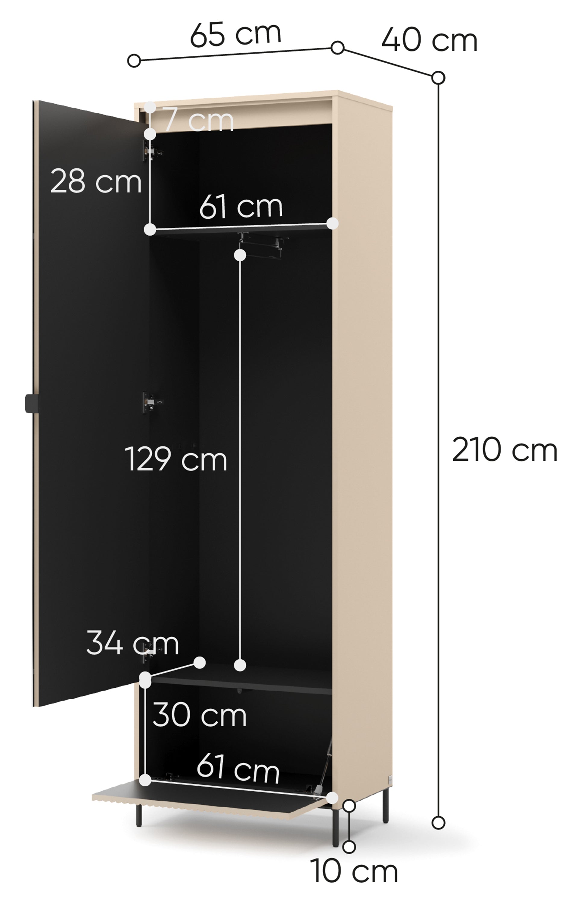 Einzeltüriger Trend-Schrank mit Spiegel und Beleuchtung, 65 cm, geriffeltes Frontdesign, sandbeige / schwarz