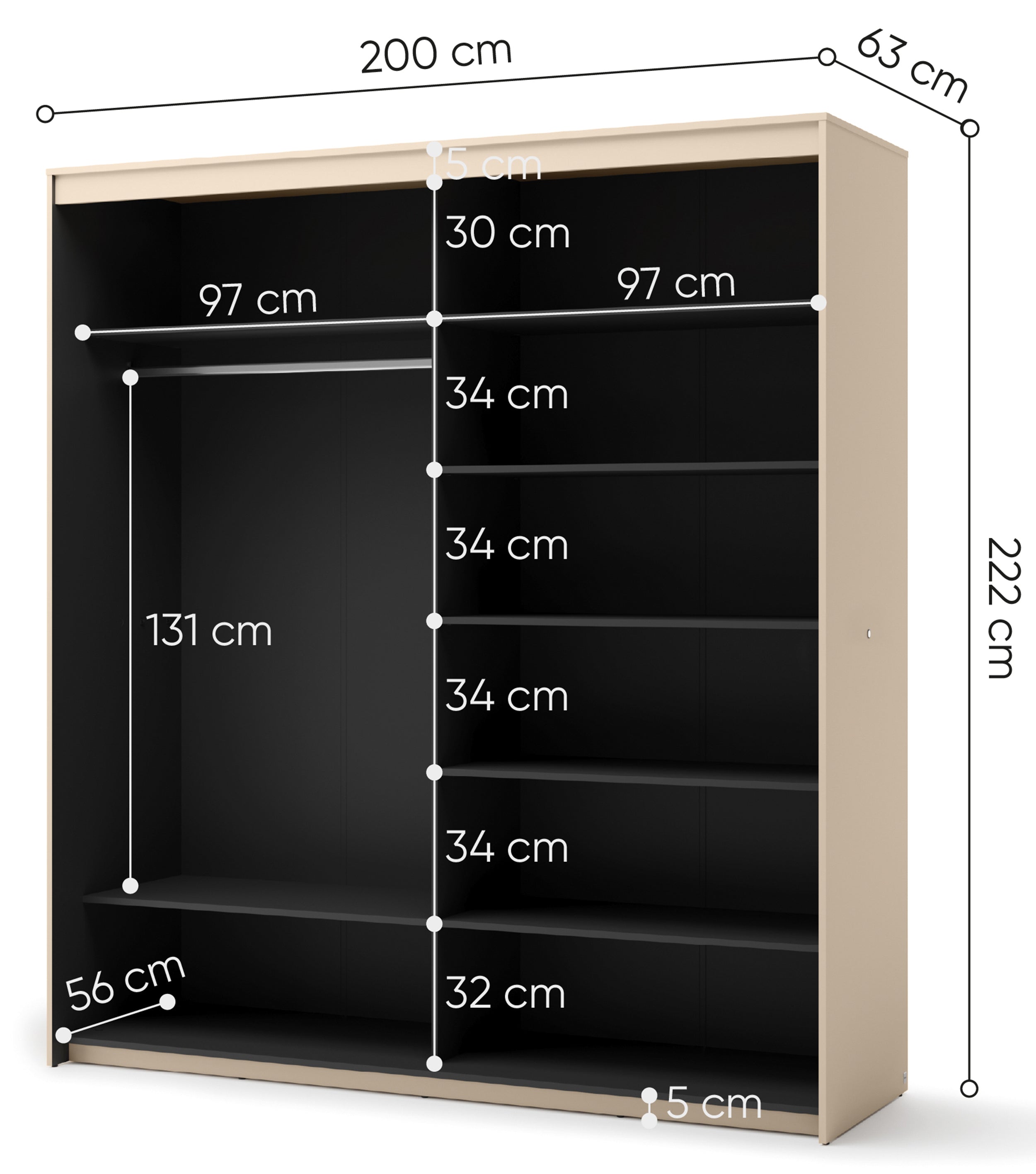 Schiebetürenschrank Trend, zweitürig, mit Spiegel und Beleuchtung, 200 cm, geriffeltes Frontdesign, schwarz