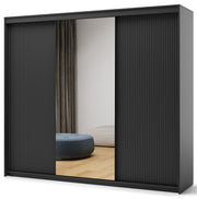 Drehtürenschrank Trend mit drei Türen, Spiegel und Beleuchtung, 250 cm, geriffelte Fronten, schwarz