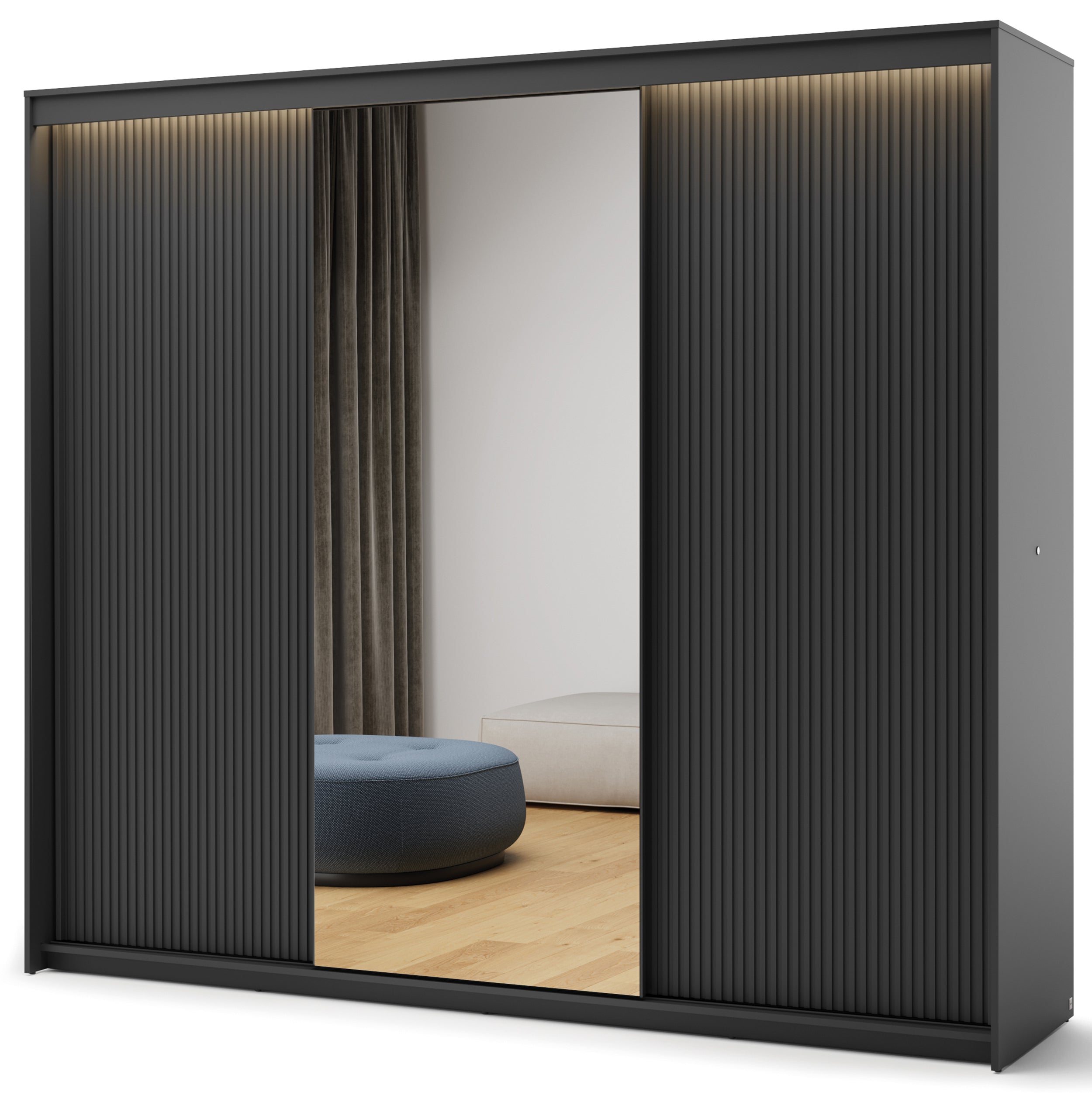 Drehtürenschrank Trend mit drei Türen, Spiegel und Beleuchtung, 250 cm, geriffelte Fronten, schwarz