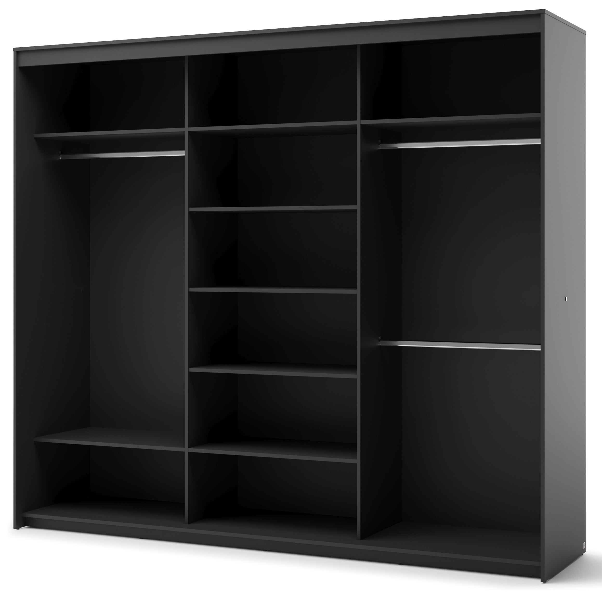 Drehtürenschrank Trend mit drei Türen, Spiegel und Beleuchtung, 250 cm, geriffelte Fronten, schwarz