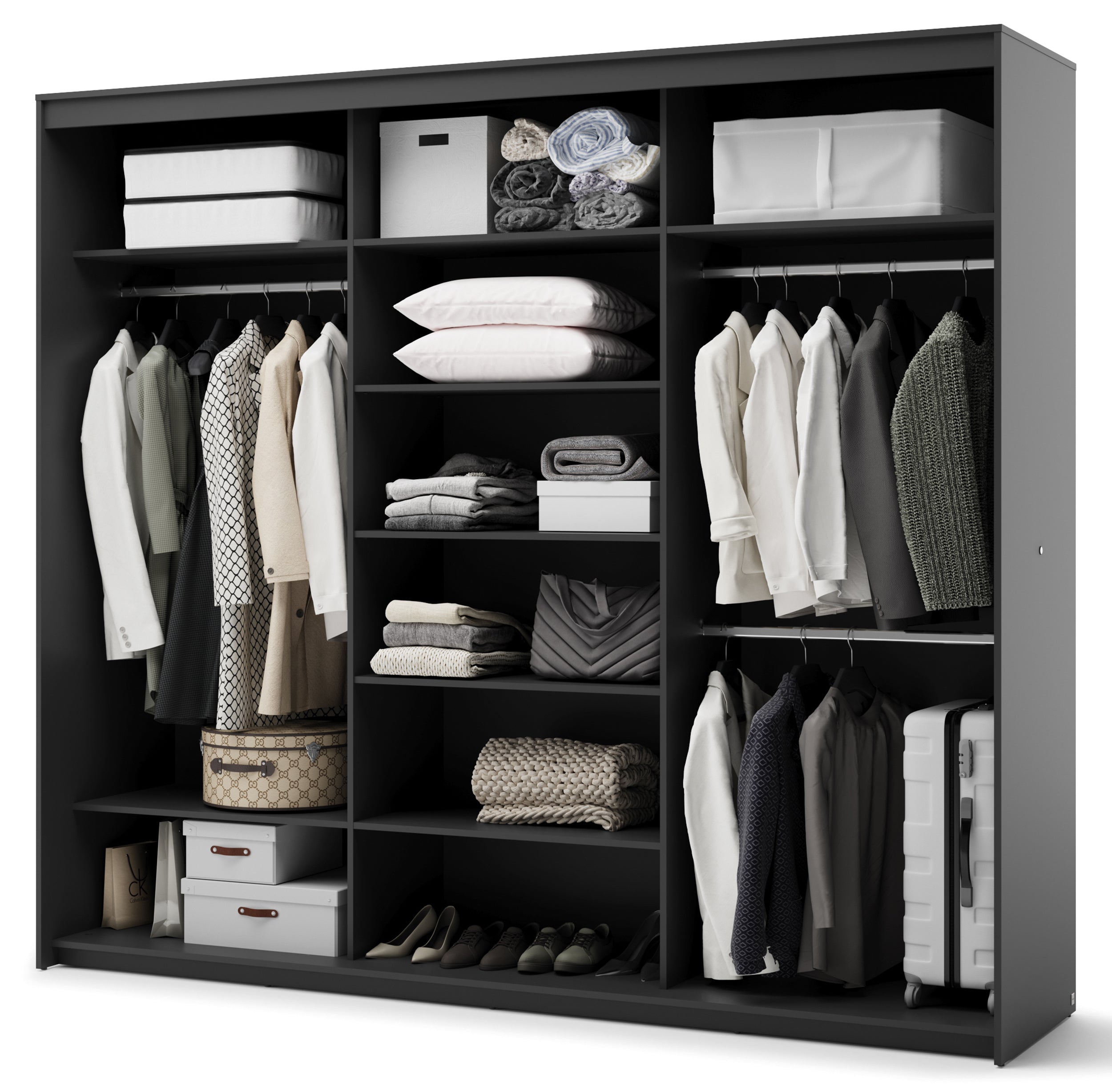 Drehtürenschrank Trend mit drei Türen, Spiegel und Beleuchtung, 250 cm, geriffelte Fronten, schwarz