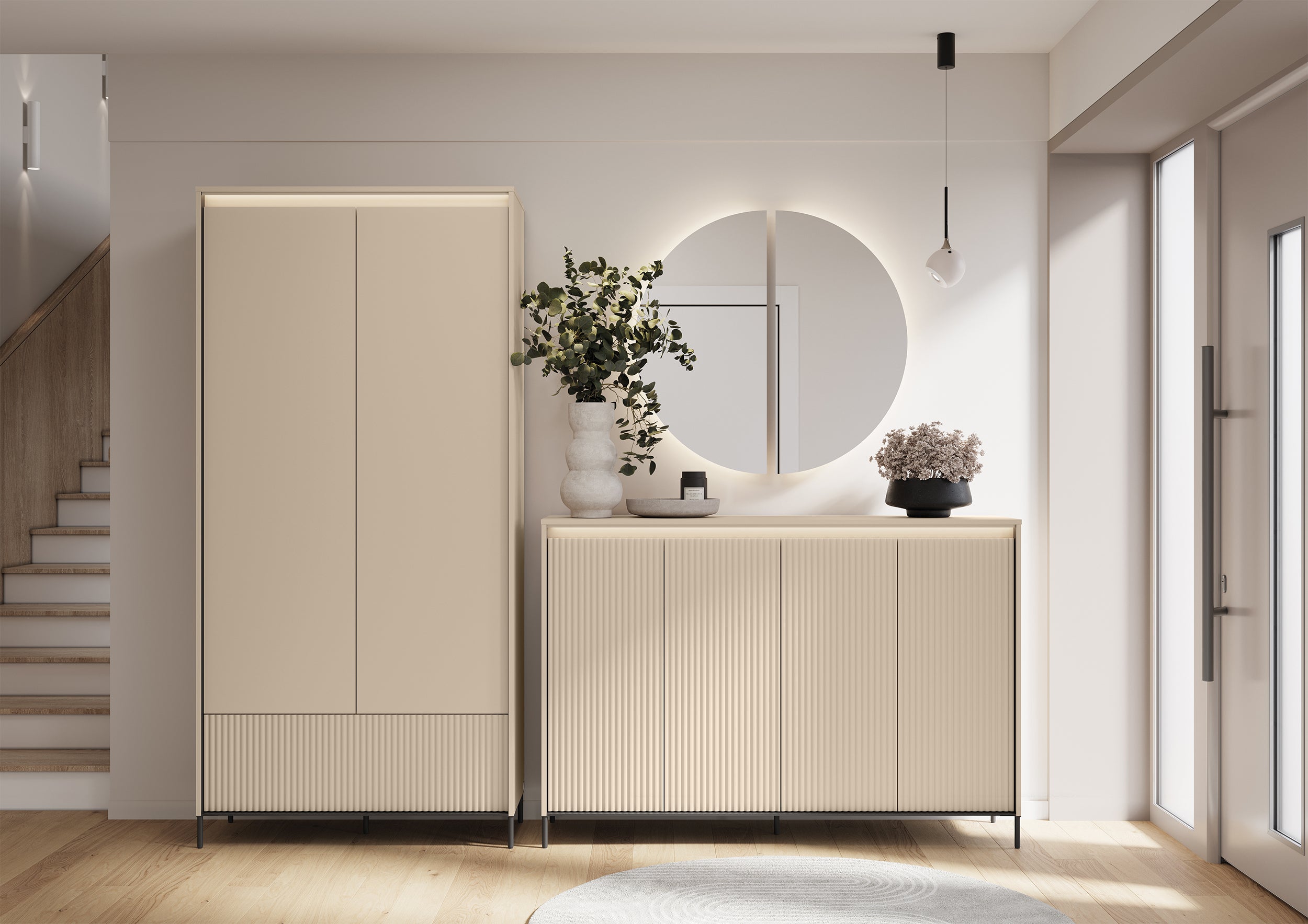 Zweittüriger Trend-Kleiderschrank mit Schublade und Beleuchtung, 101 cm, geriffelte Fronten in Sandbeige / Schwarz