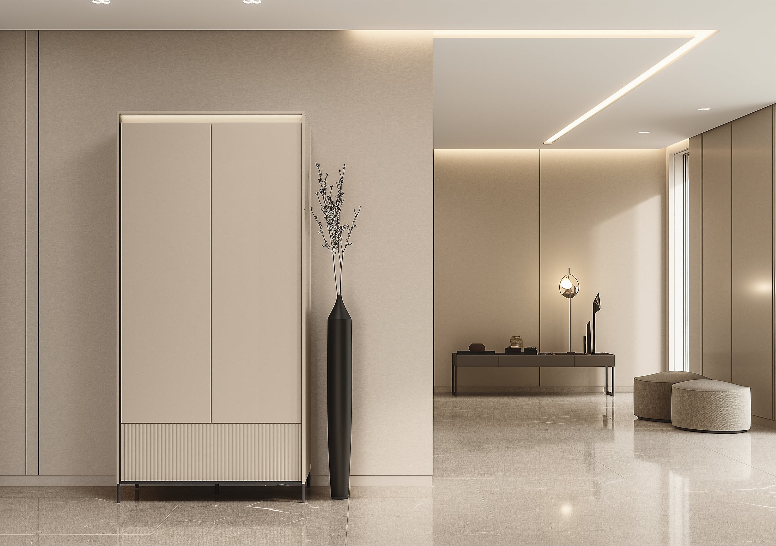 Zweittüriger Trend-Kleiderschrank mit Schublade und Beleuchtung, 101 cm, geriffelte Fronten in Sandbeige / Schwarz