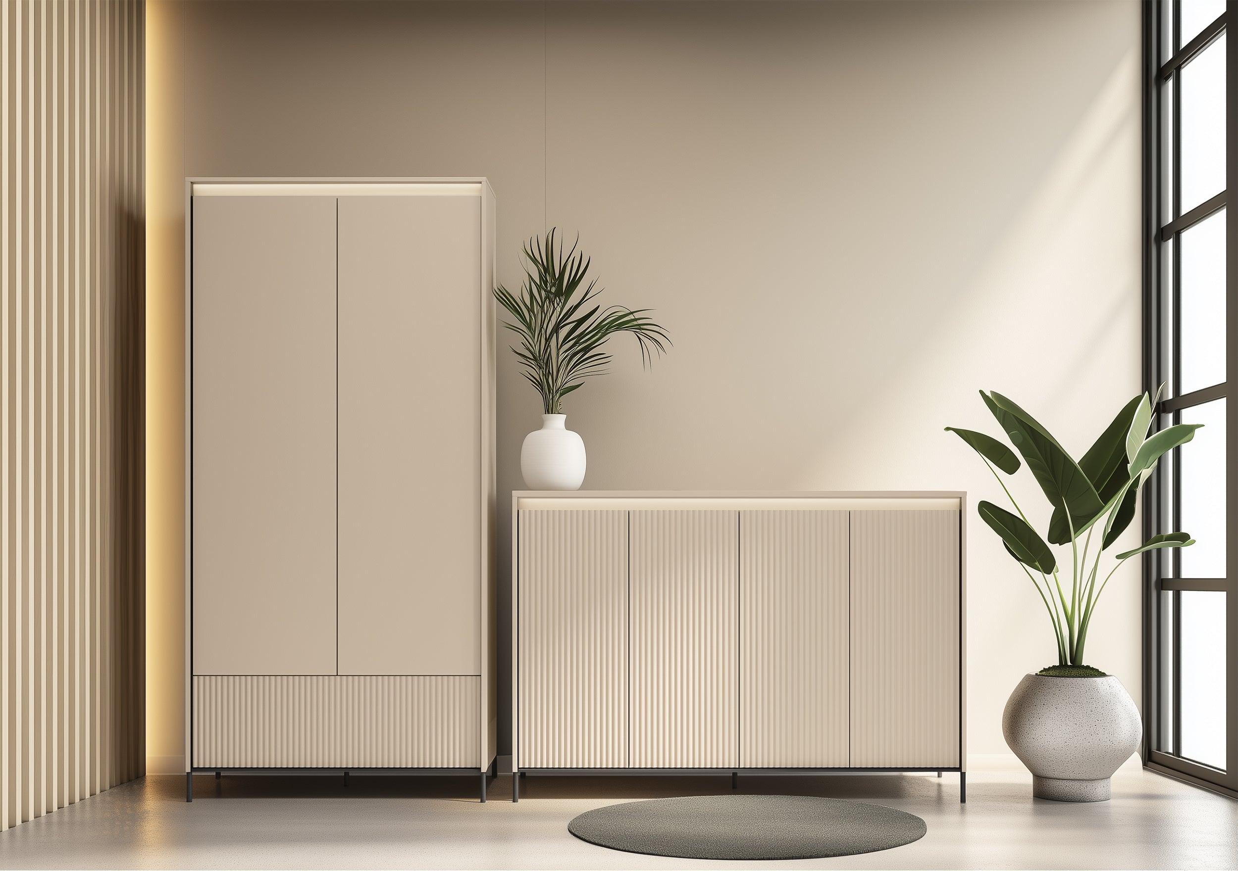 Zweittüriger Trend-Kleiderschrank mit Schublade und Beleuchtung, 101 cm, geriffelte Fronten in Sandbeige / Schwarz