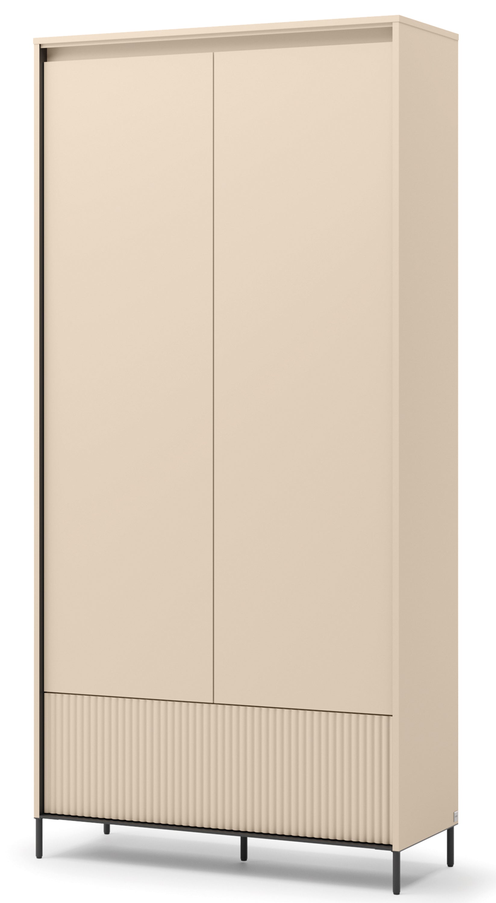 Zweittüriger Trend-Kleiderschrank mit Schublade und Beleuchtung, 101 cm, geriffelte Fronten in Sandbeige / Schwarz