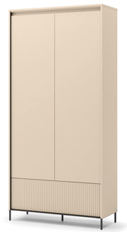 Zweittüriger Trend-Kleiderschrank mit Schublade und Beleuchtung, 101 cm, geriffelte Fronten in Sandbeige / Schwarz