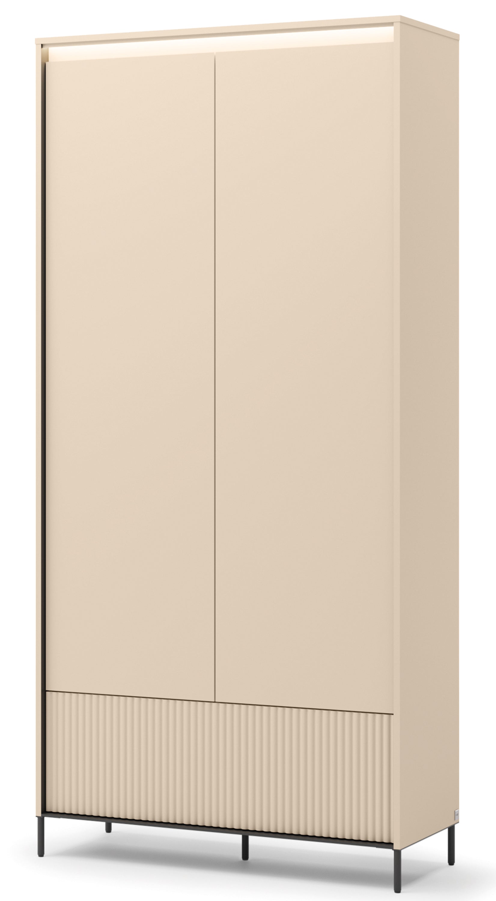 Zweittüriger Trend-Kleiderschrank mit Schublade und Beleuchtung, 101 cm, geriffelte Fronten in Sandbeige / Schwarz