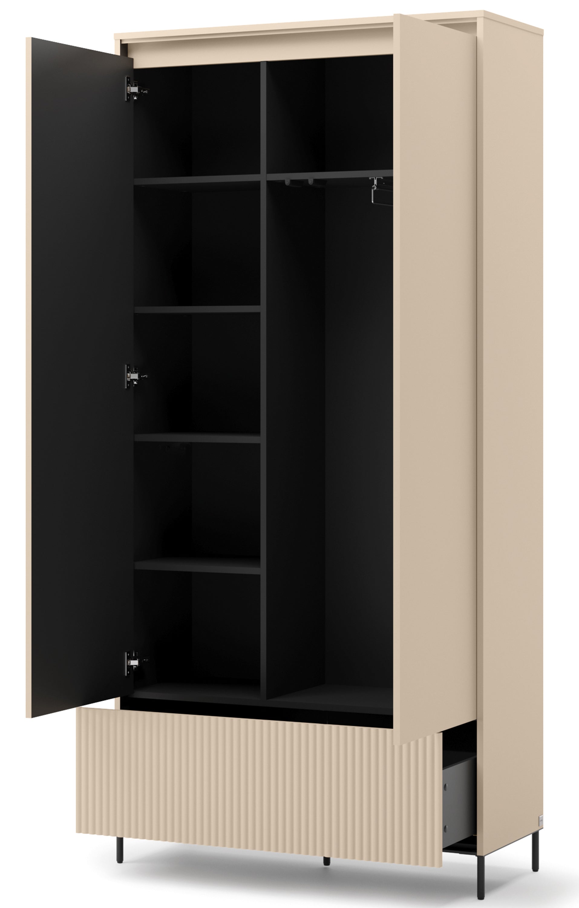 Zweittüriger Trend-Kleiderschrank mit Schublade und Beleuchtung, 101 cm, geriffelte Fronten in Sandbeige / Schwarz