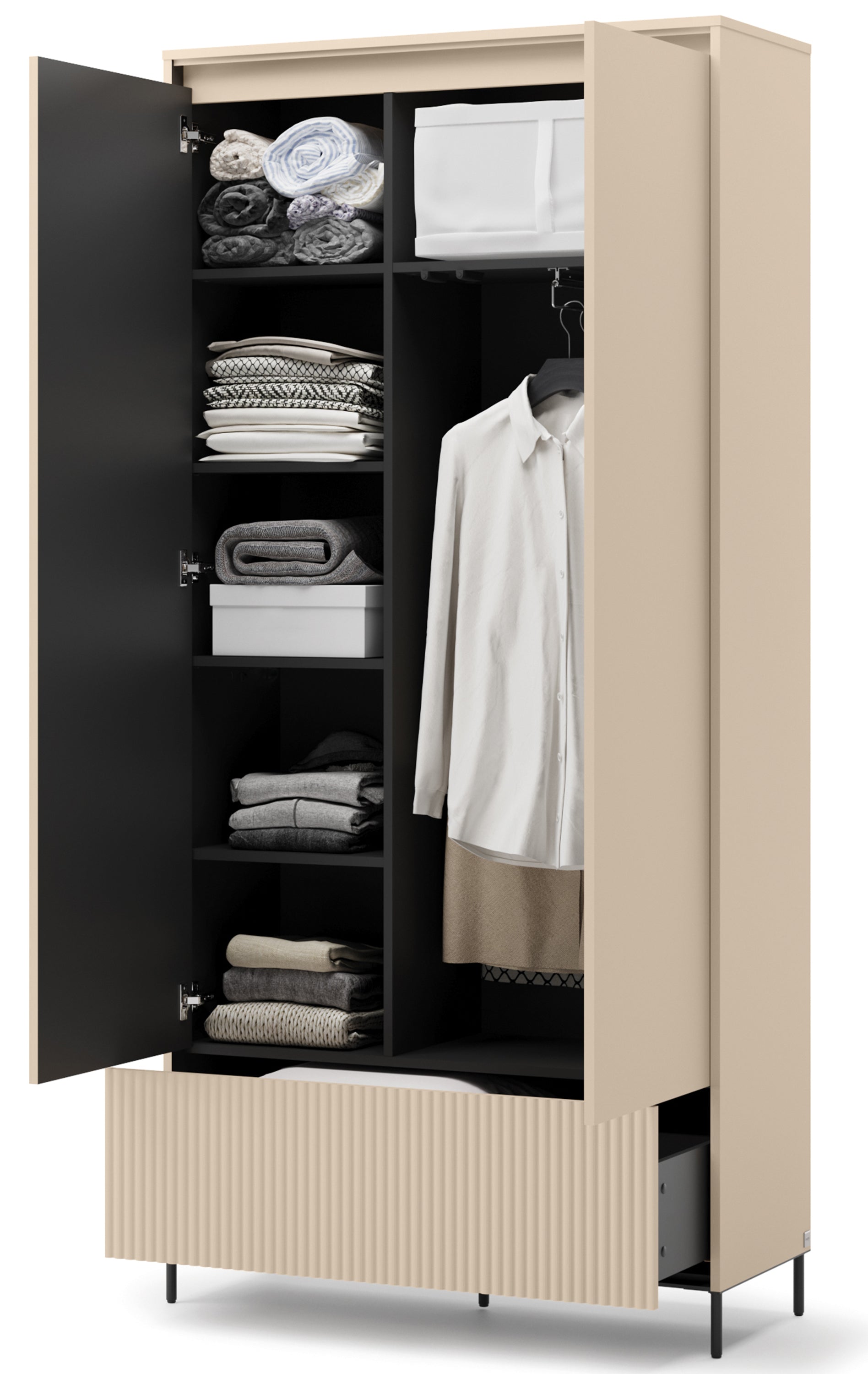 Zweittüriger Trend-Kleiderschrank mit Schublade und Beleuchtung, 101 cm, geriffelte Fronten in Sandbeige / Schwarz