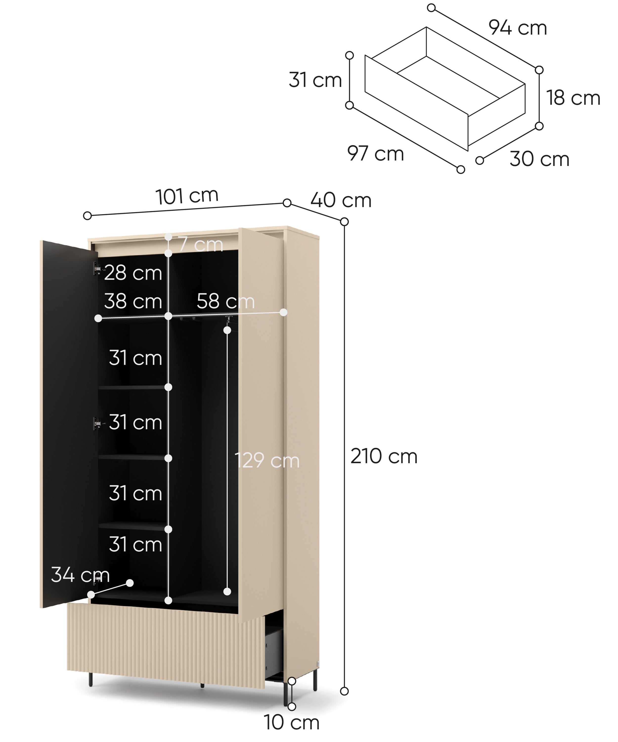 Zweittüriger Trend-Kleiderschrank mit Schublade und Beleuchtung, 101 cm, geriffelte Fronten in Sandbeige / Schwarz