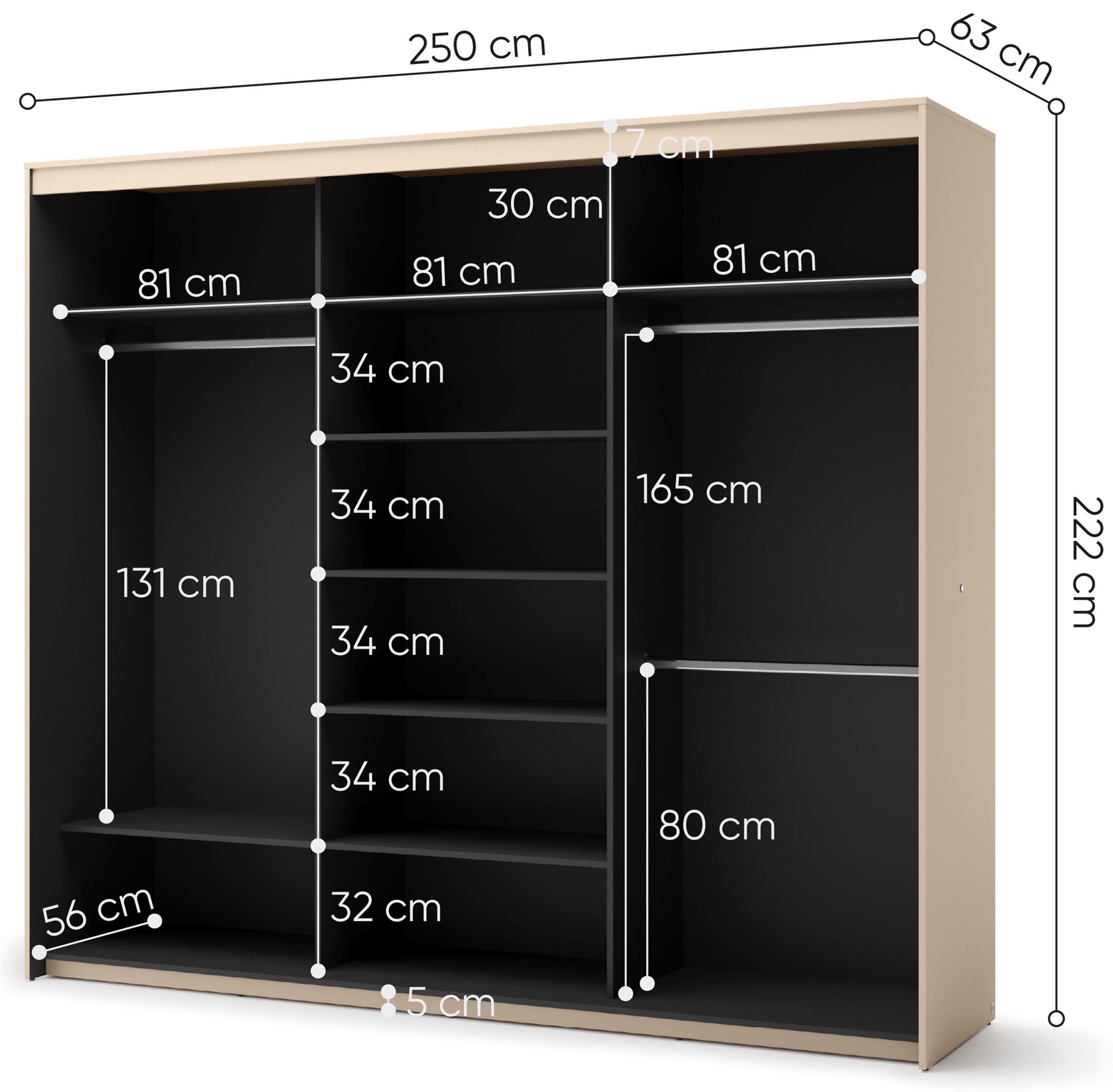 Drehtürenschrank Trend mit drei Türen, Spiegel und Beleuchtung, 250 cm, geriffelte Fronten, schwarz