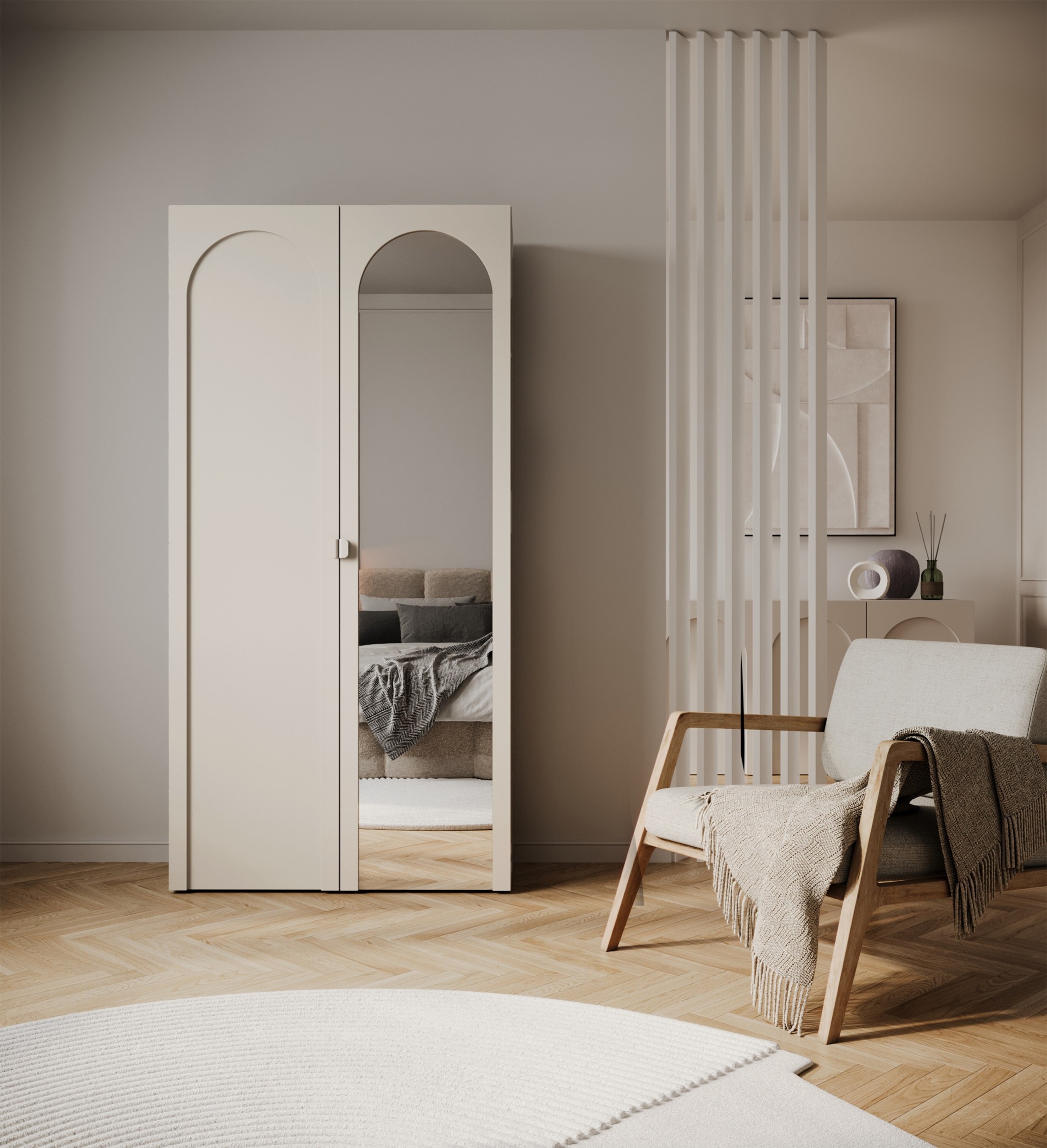 Zweiflügeliger Schrank Arkadia mit gefräster Front und Spiegel, 100 cm, Kaschmir