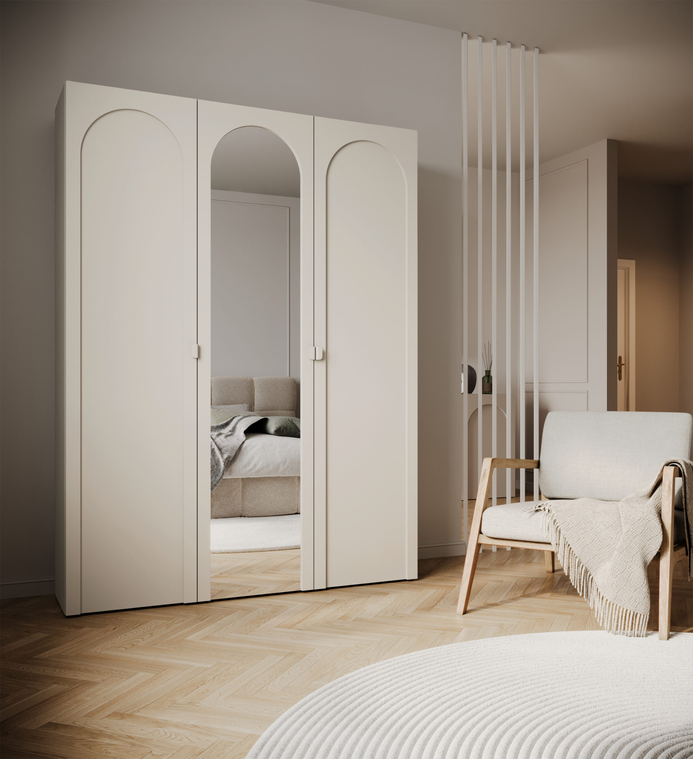 Drehtürenschrank Arkadia mit gefräster Front und Spiegel, 150 cm, Kaschmir