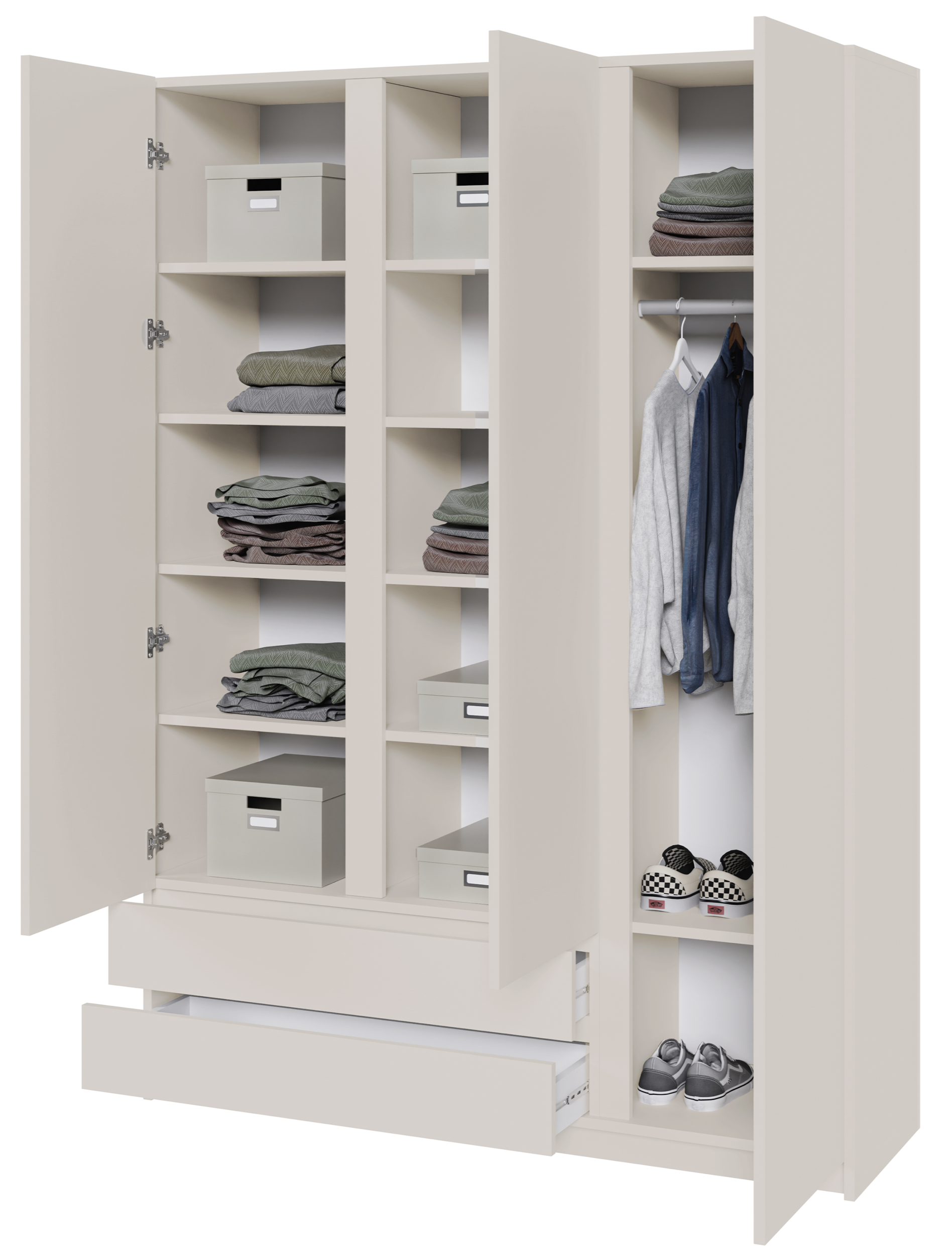 Drehtürenschrank Bemmi mit drei Türen und zwei Schubladen, 150 cm, Kaschmir