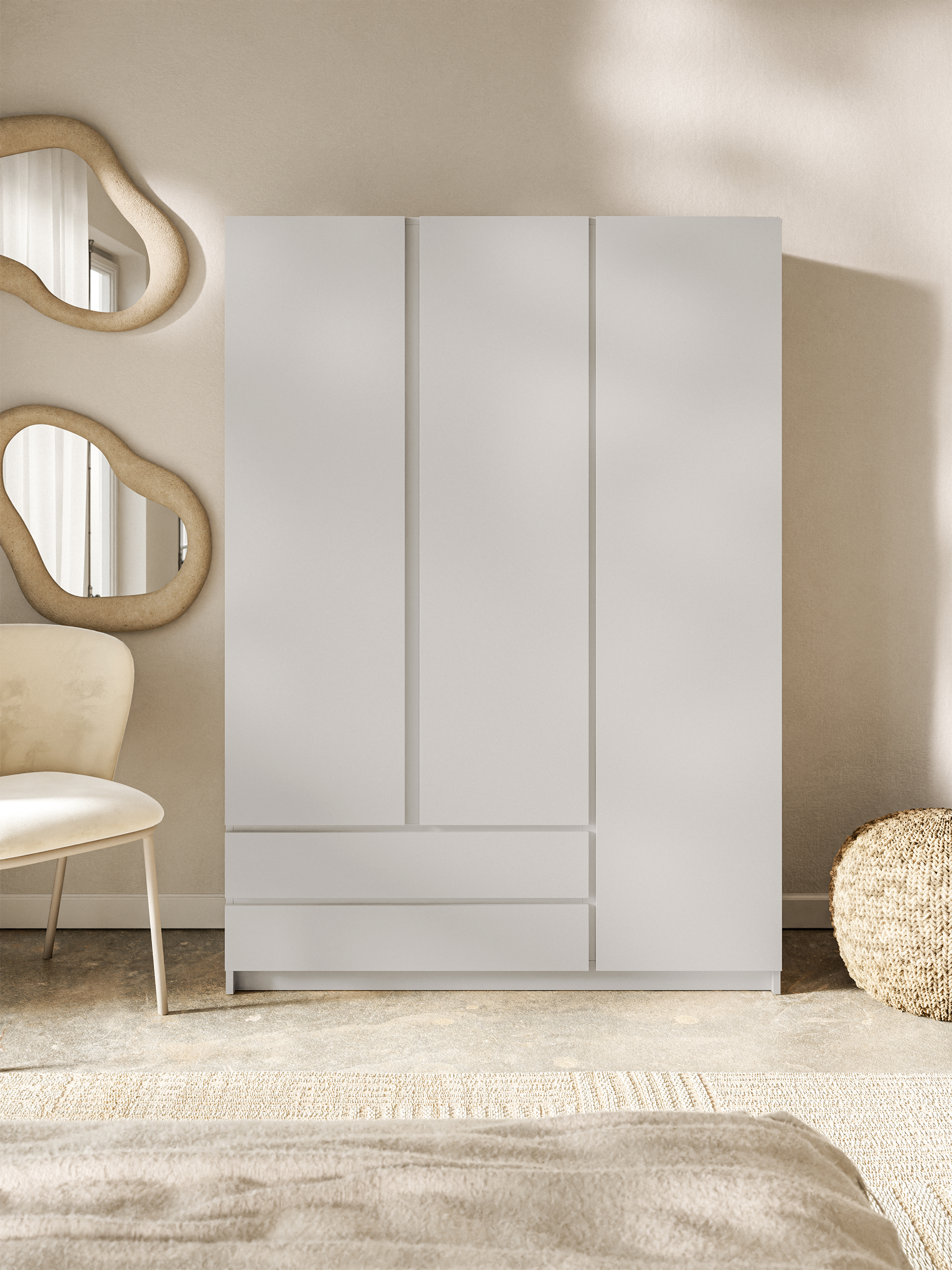Drehtürenschrank Bemmi mit drei Türen und zwei Schubladen, 150 cm, Kaschmir