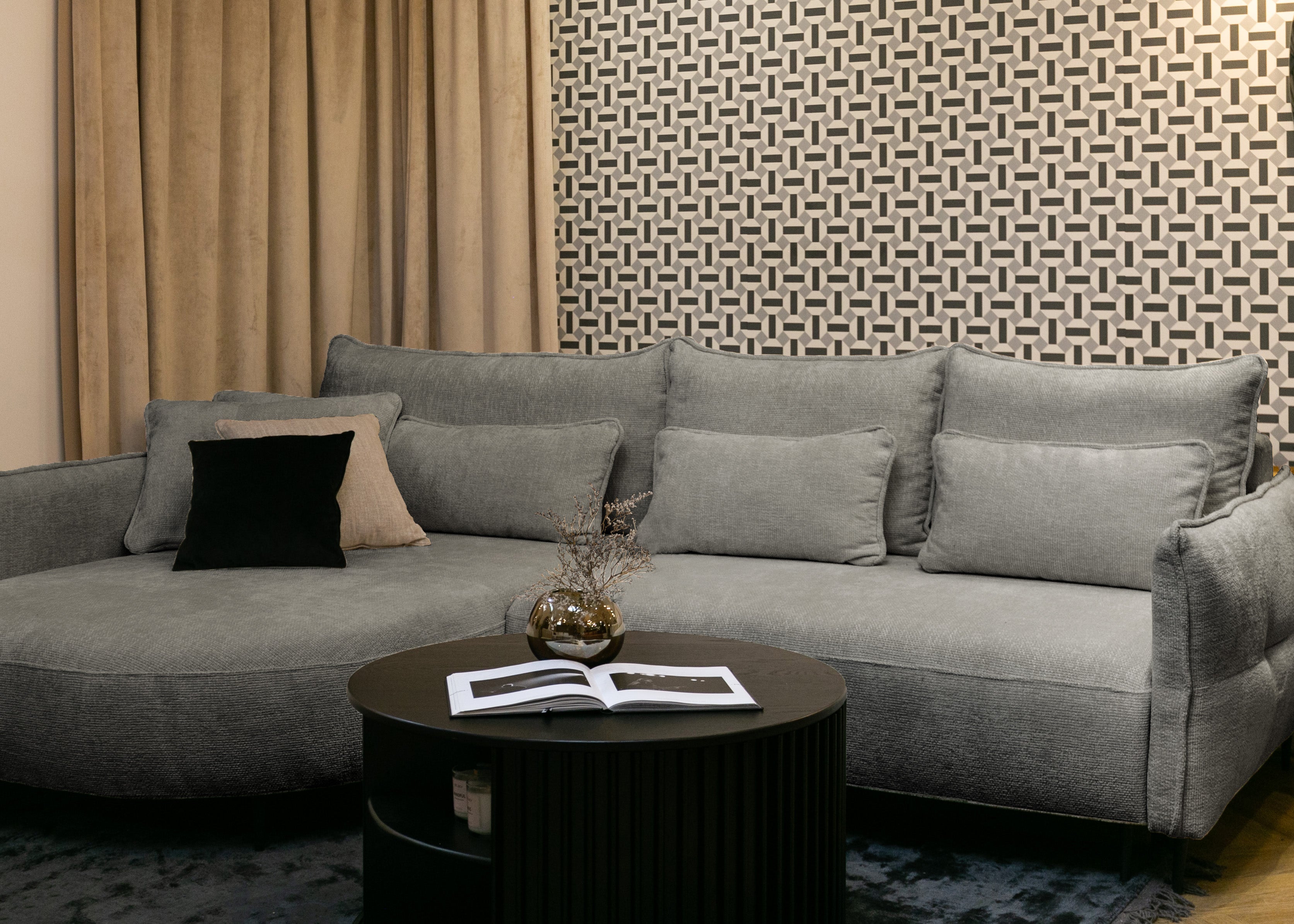 Ecksofa Oblivio mit Schlafunktion, L-förmig, mit Stauraum, grauer Chenille, linksseitig