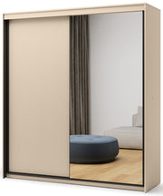 Schiebetürenschrank Trend, zweitürig, mit Spiegel und Beleuchtung, 200 cm, geriffeltes Frontdesign, sandbeige / schwarz