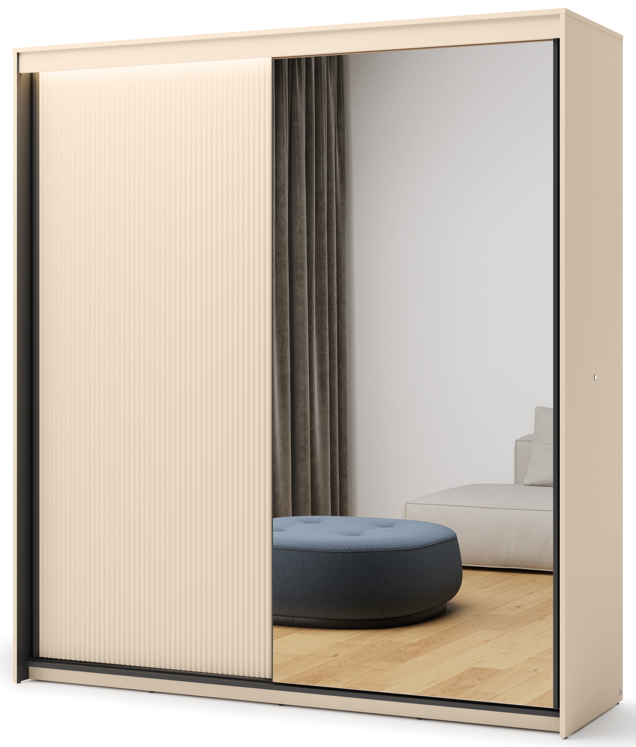 Schiebetürenschrank Trend, zweitürig, mit Spiegel und Beleuchtung, 200 cm, geriffeltes Frontdesign, sandbeige / schwarz
