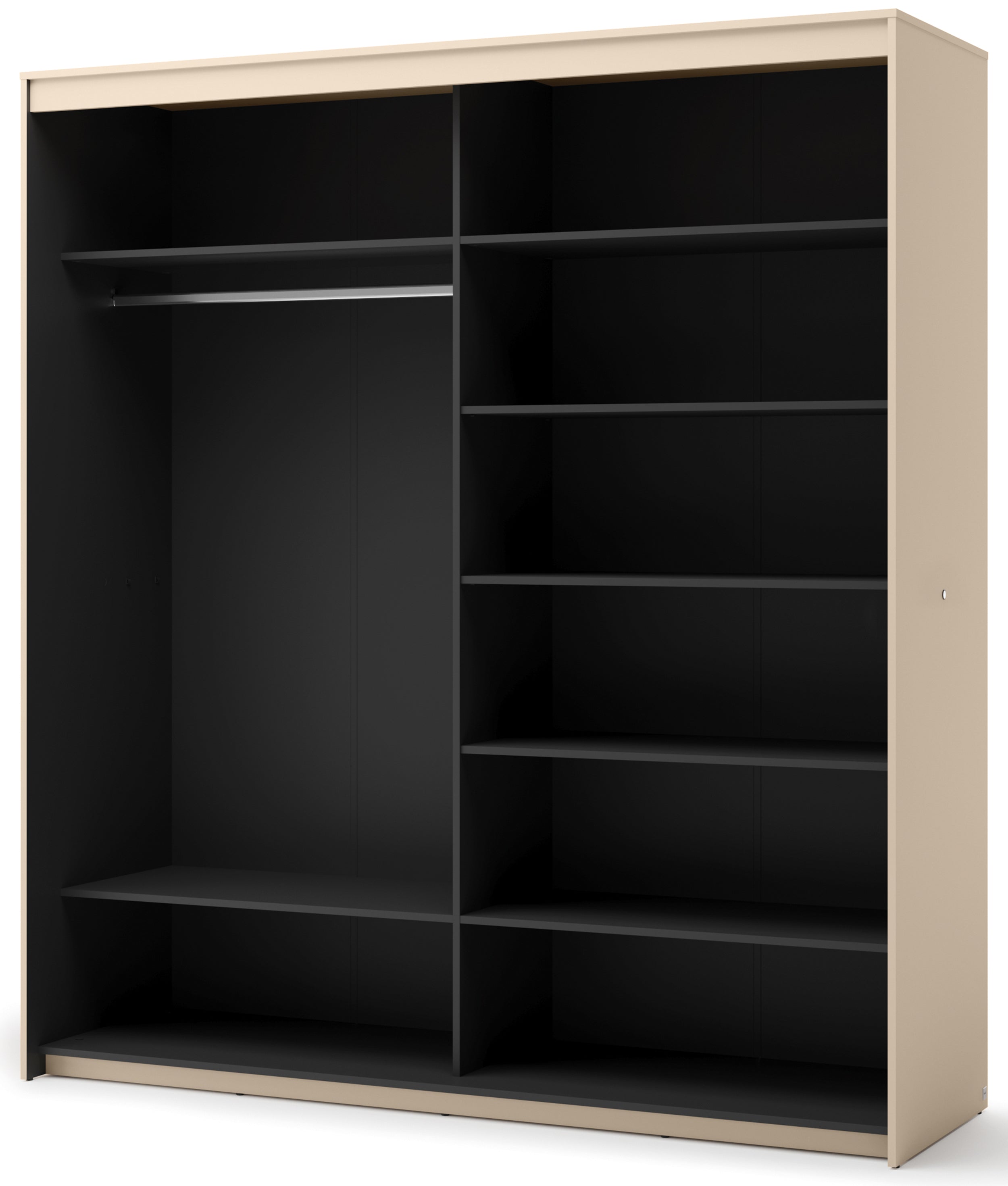 Schiebetürenschrank Trend, zweitürig, mit Spiegel und Beleuchtung, 200 cm, geriffeltes Frontdesign, sandbeige / schwarz