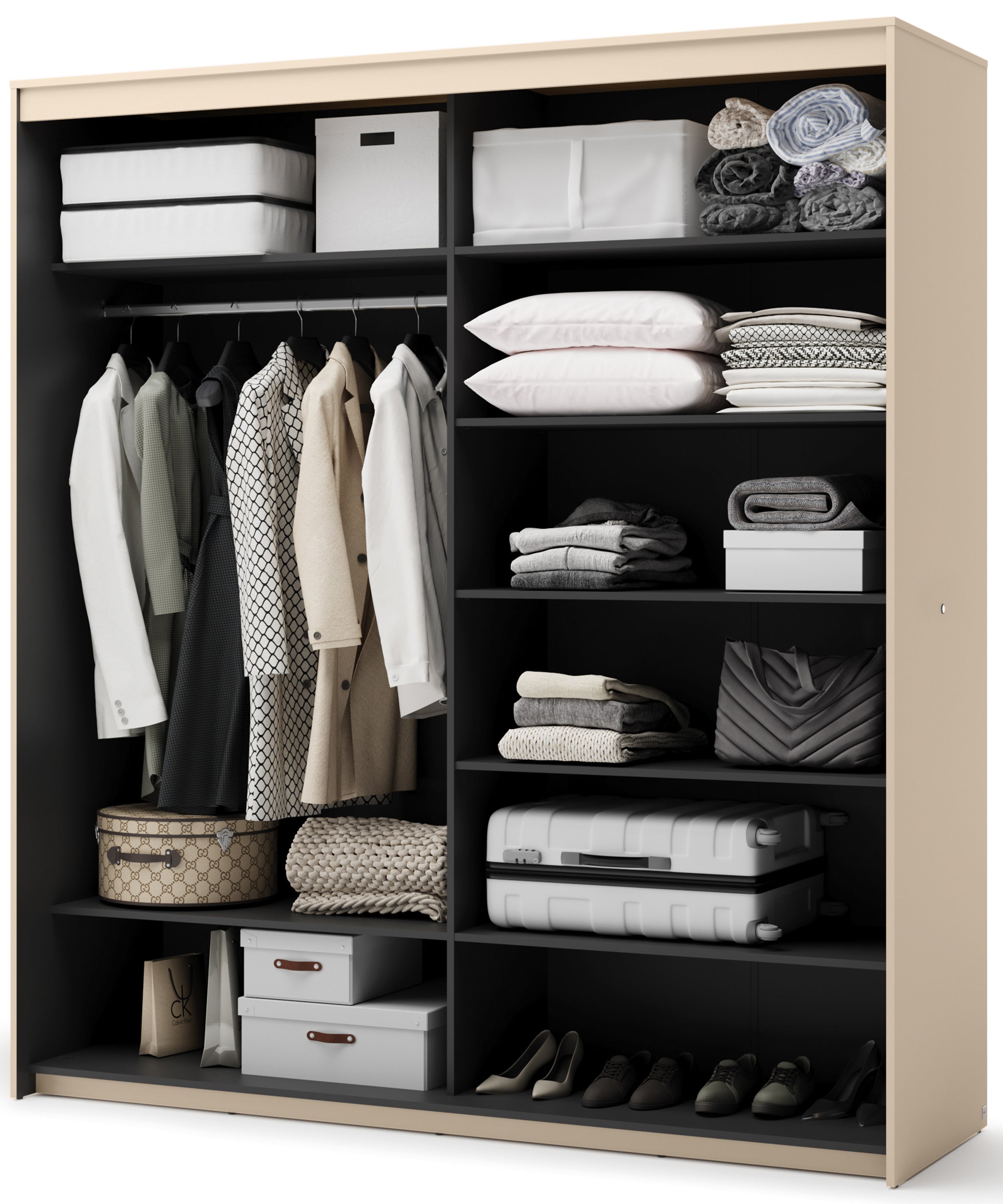 Schiebetürenschrank Trend, zweitürig, mit Spiegel und Beleuchtung, 200 cm, geriffeltes Frontdesign, sandbeige / schwarz