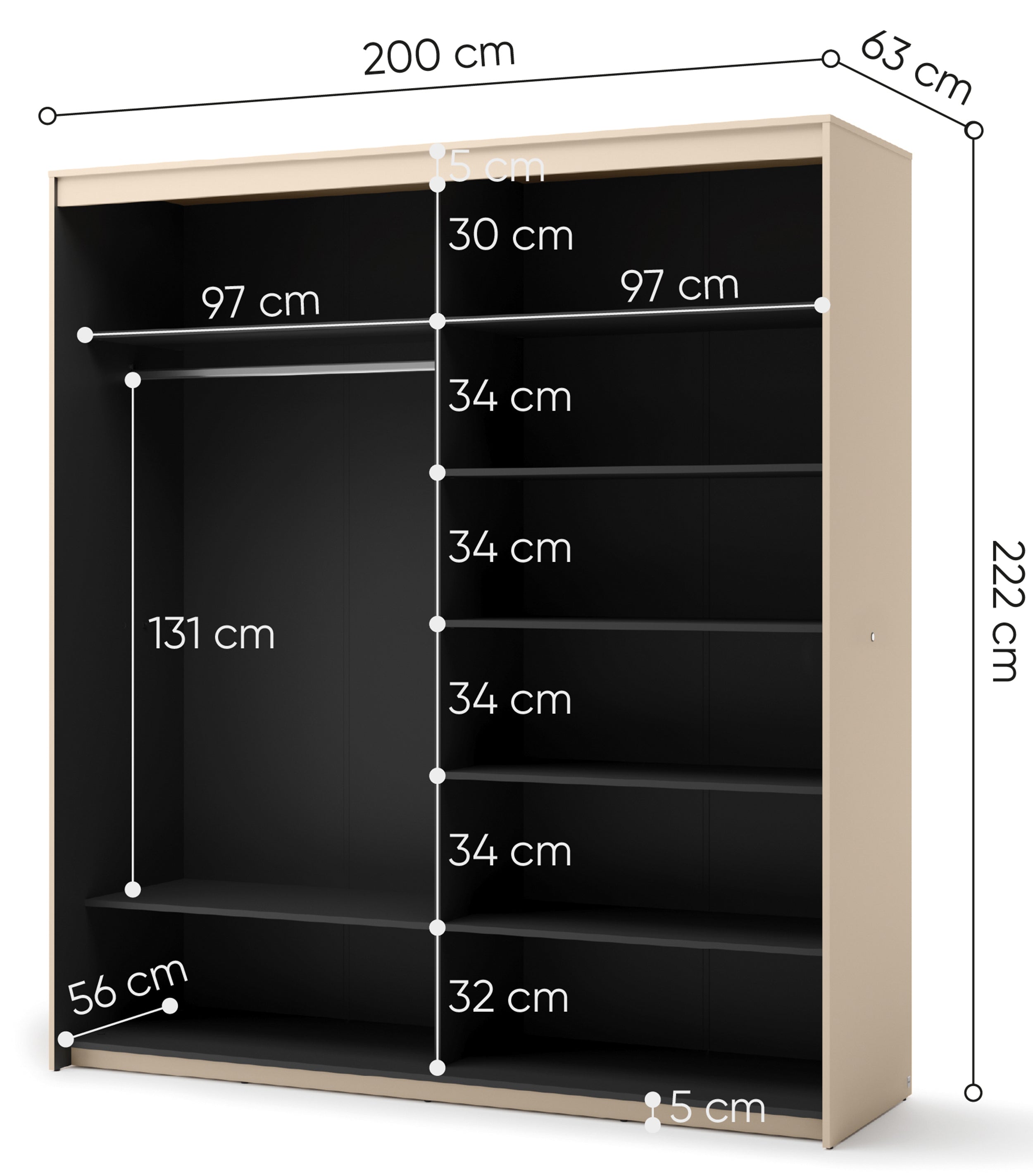 Schiebetürenschrank Trend, zweitürig, mit Spiegel und Beleuchtung, 200 cm, geriffeltes Frontdesign, sandbeige / schwarz