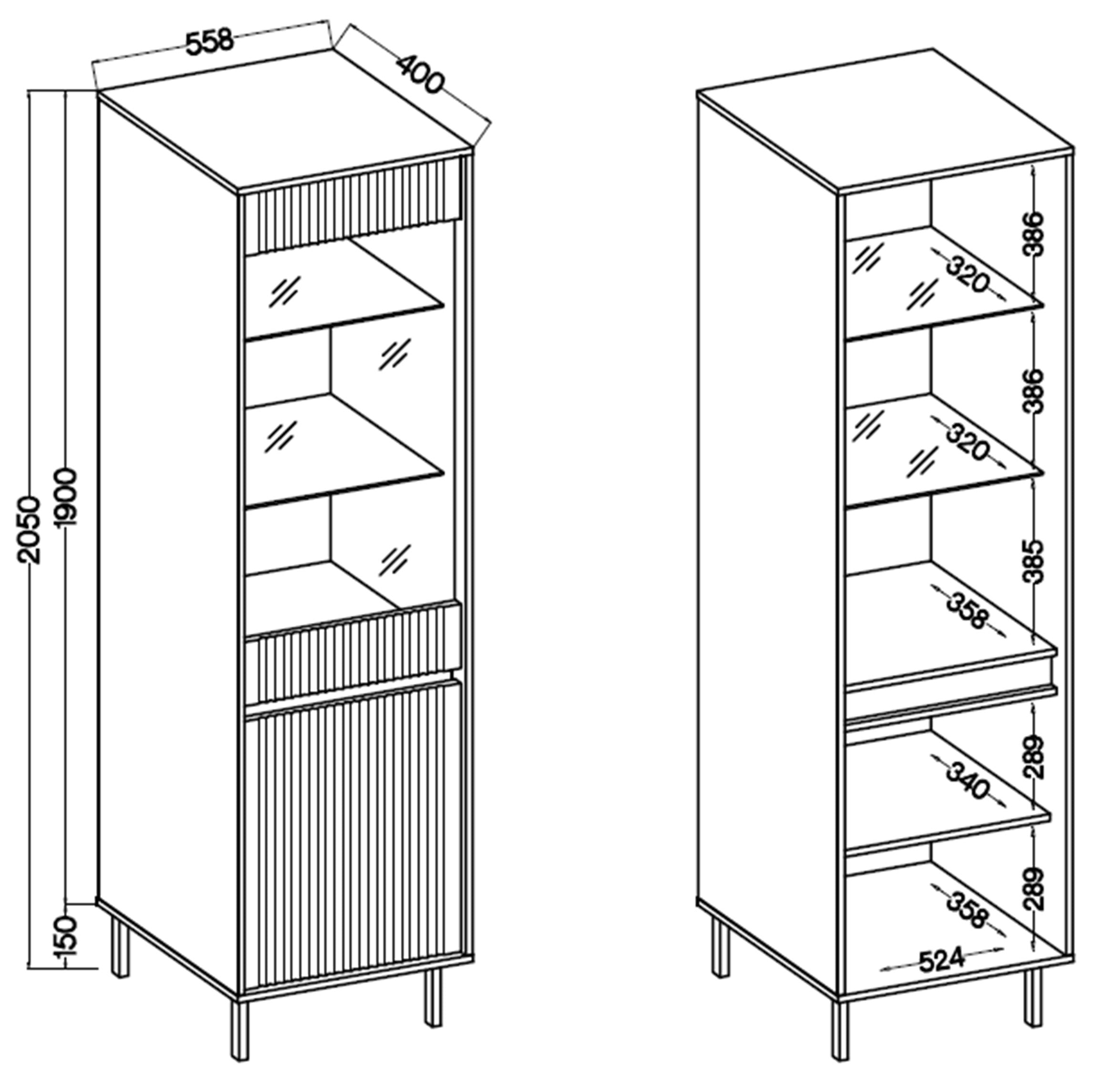 Zweiflügeliger Schrank Osaka mit geriffelter Front, 56 cm, sandbeige auf schwarzen Beinen