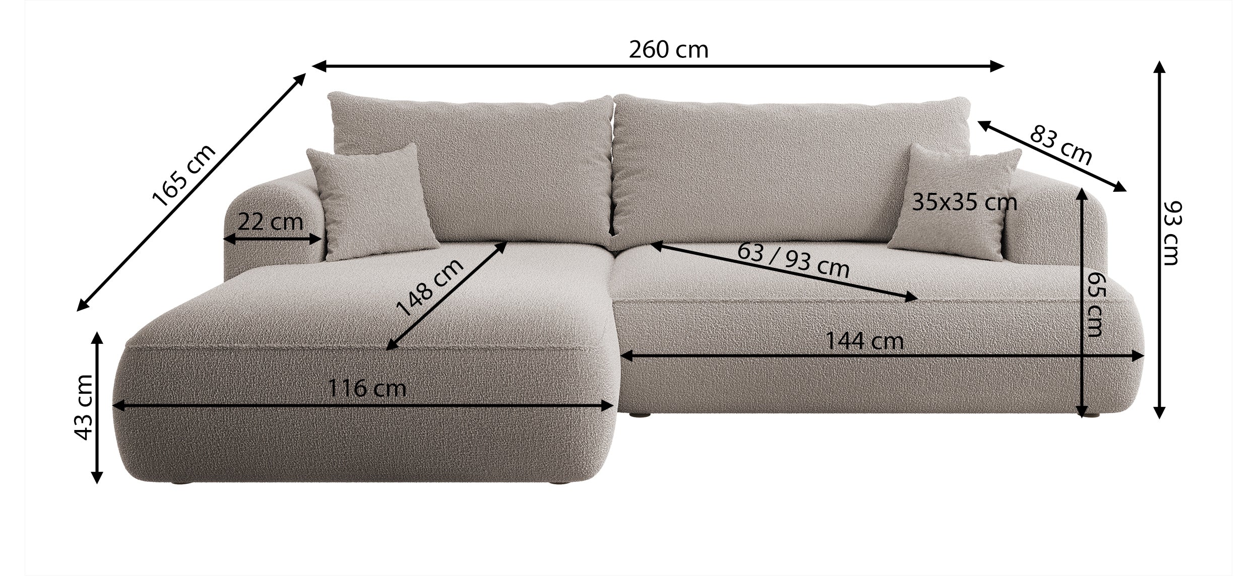 Ecksofa mit Schlaffunktion Ovo, L-förmig, dunkelbeige mit Stauraum, Bouclé, rechtsseitig