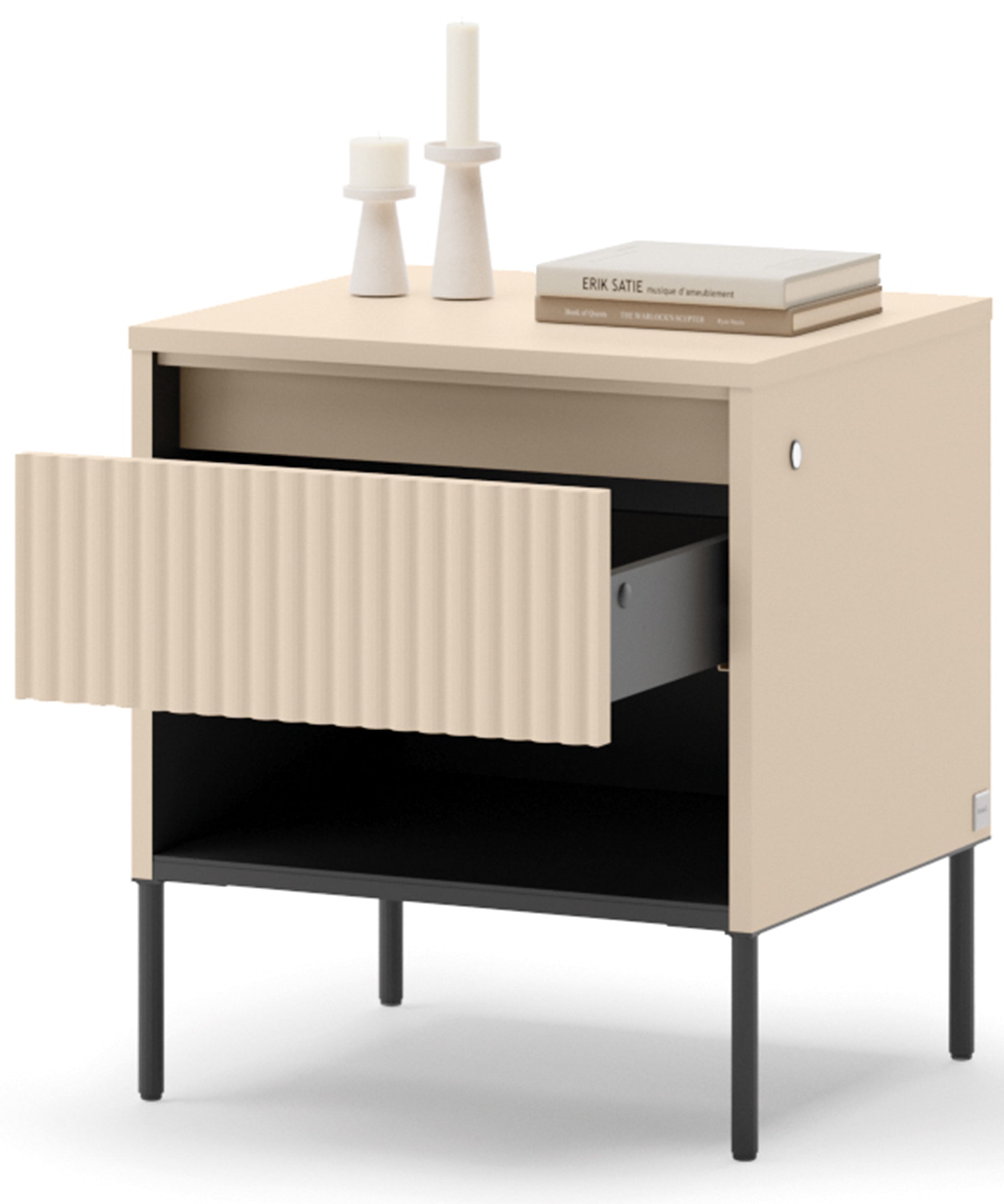 Trend Nachttisch mit Schublade und Beleuchtung 46 cm, gerillte Front, sandbeige / schwarz