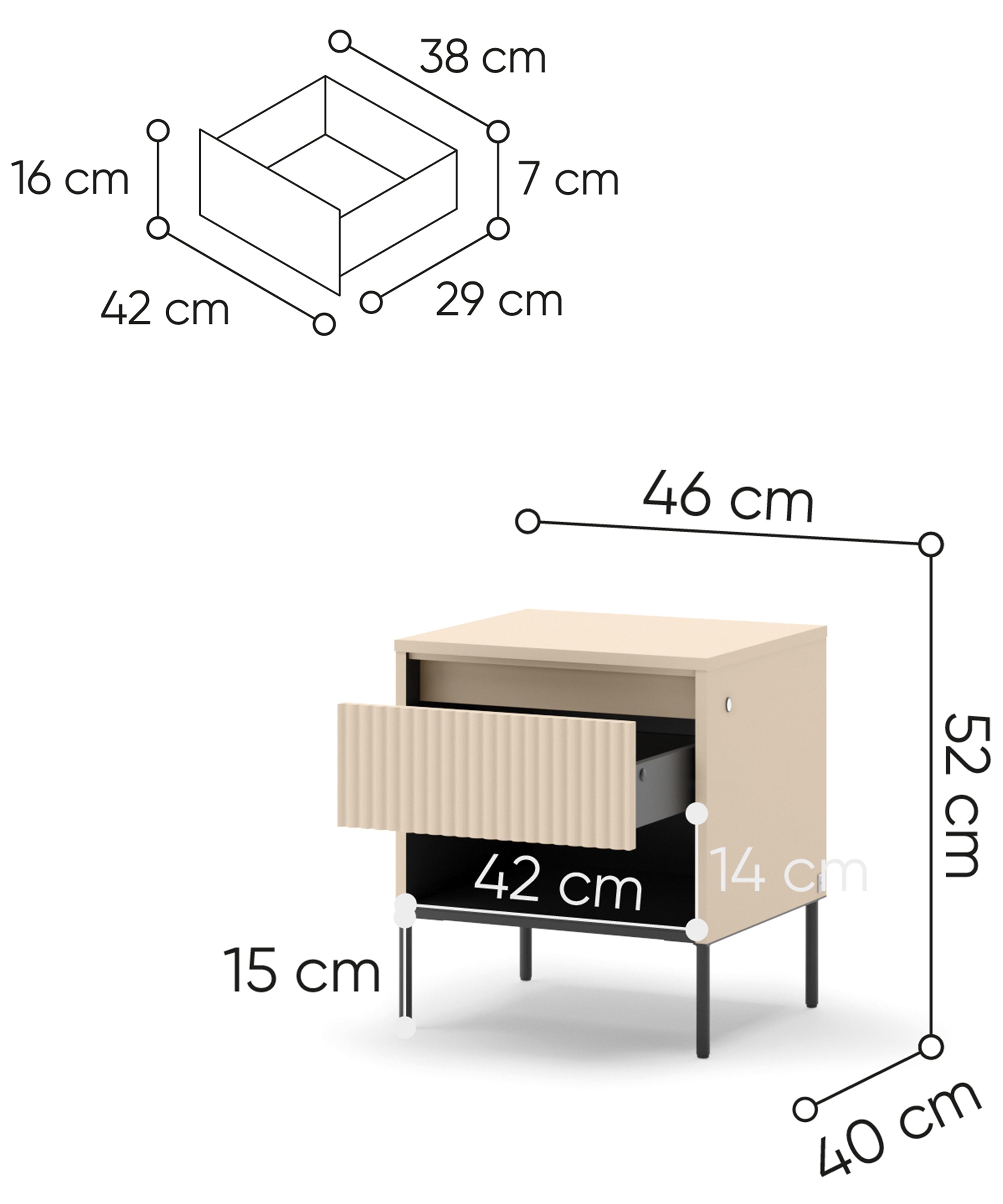 Trend Nachttisch mit Schublade und Beleuchtung 46 cm, gerillte Front, sandbeige / schwarz