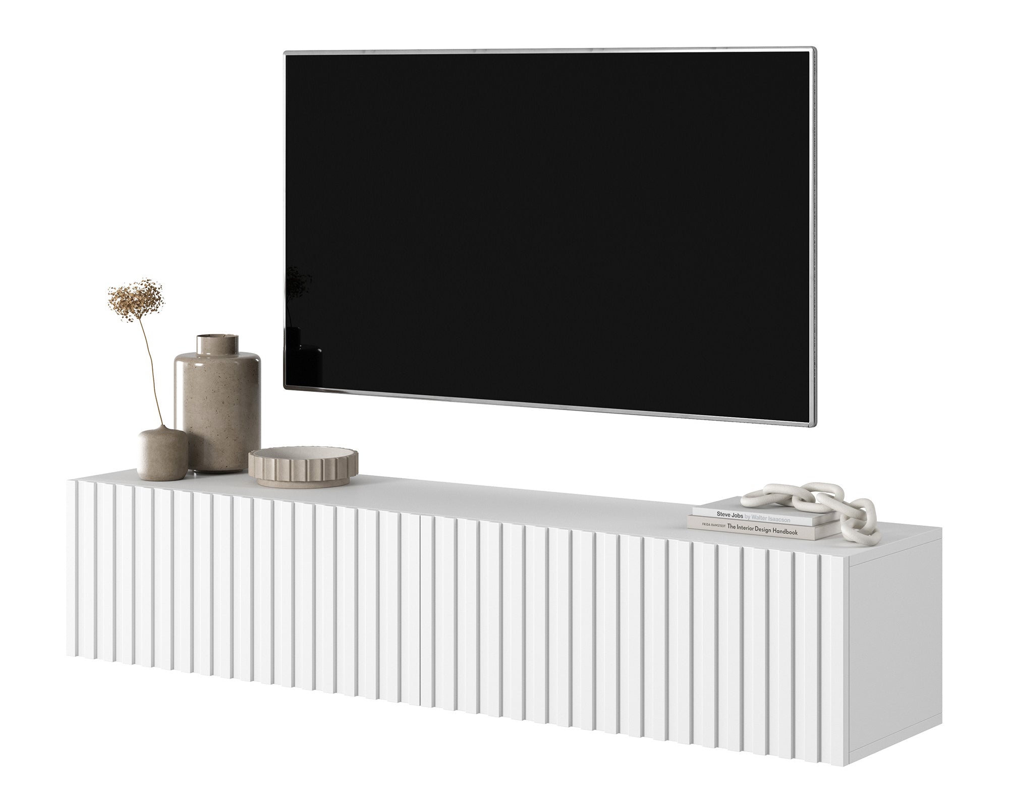 TV-Schrank Telire 138,6 cm Weiß mit lamellenförmiger Front