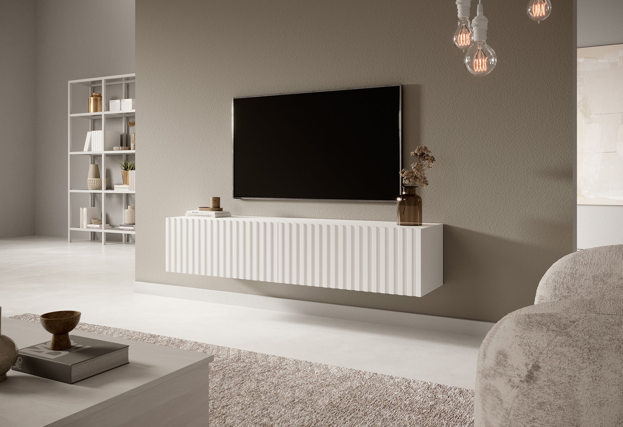 TV-Schrank Telire 138,6 cm Weiß mit lamellenförmiger Front