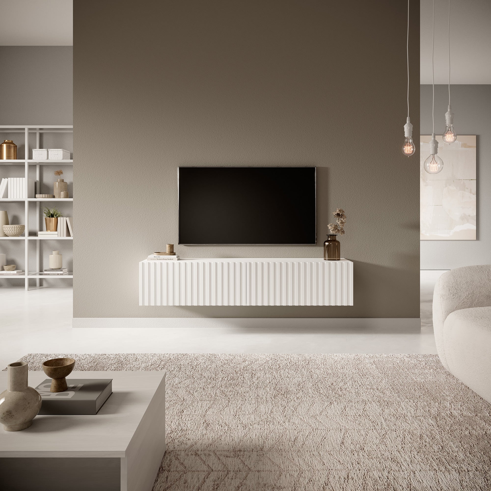 TV-Schrank Telire 138,6 cm Weiß mit lamellenförmiger Front