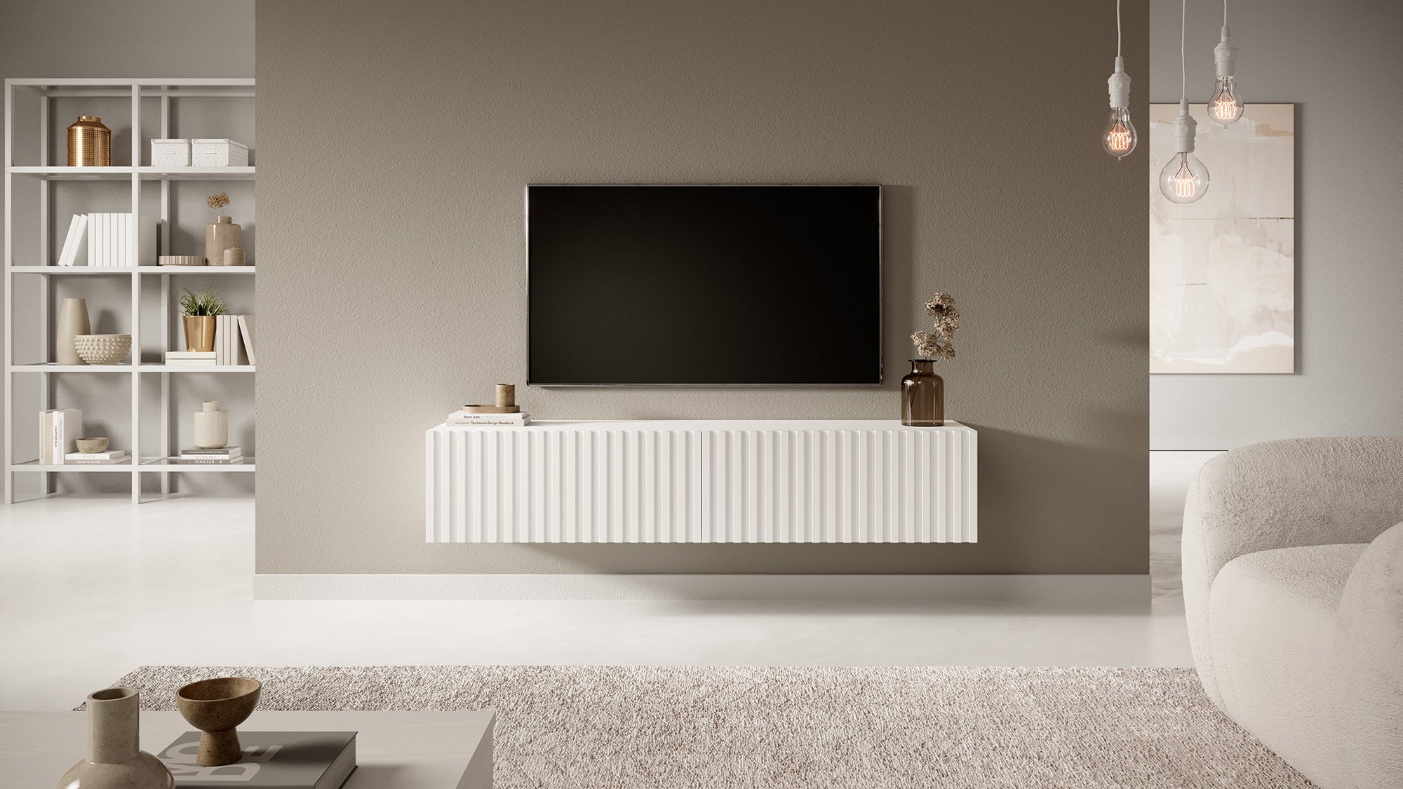 TV-Schrank Telire 138,6 cm Weiß mit lamellenförmiger Front