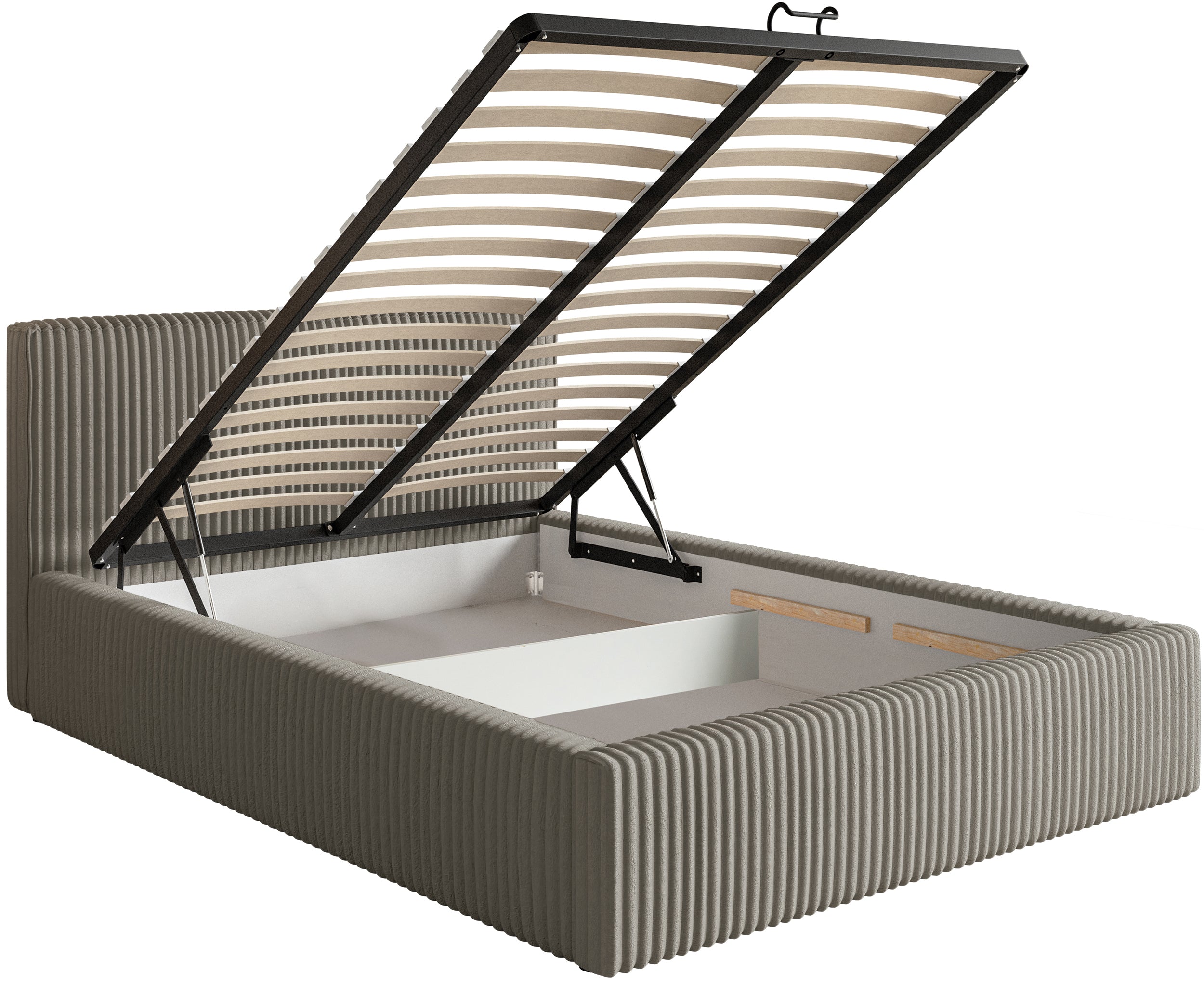Polsterbett 140x200 cm Tilio mit Stauraum, Metallrahmen, grau-beige, dicker Cordstoff