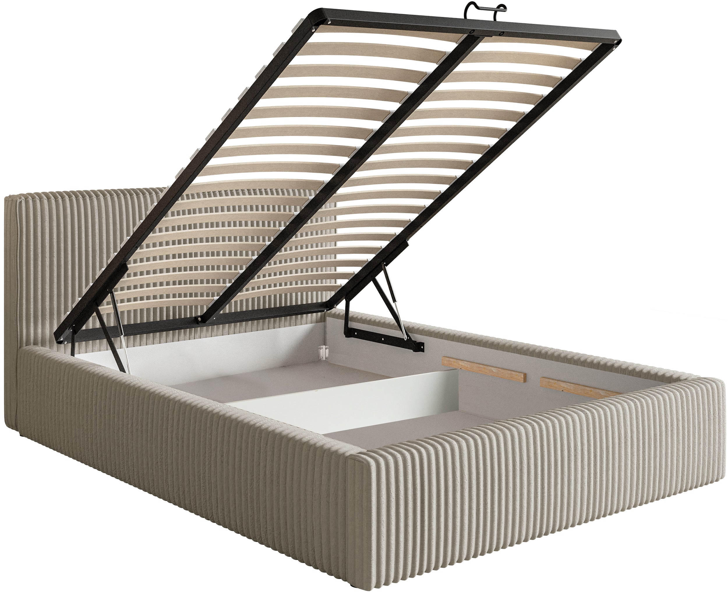 Polsterbett 160x200 cm Tilio mit Stauraum, Metallrahmen, hellbeige, dicker Cordstoff