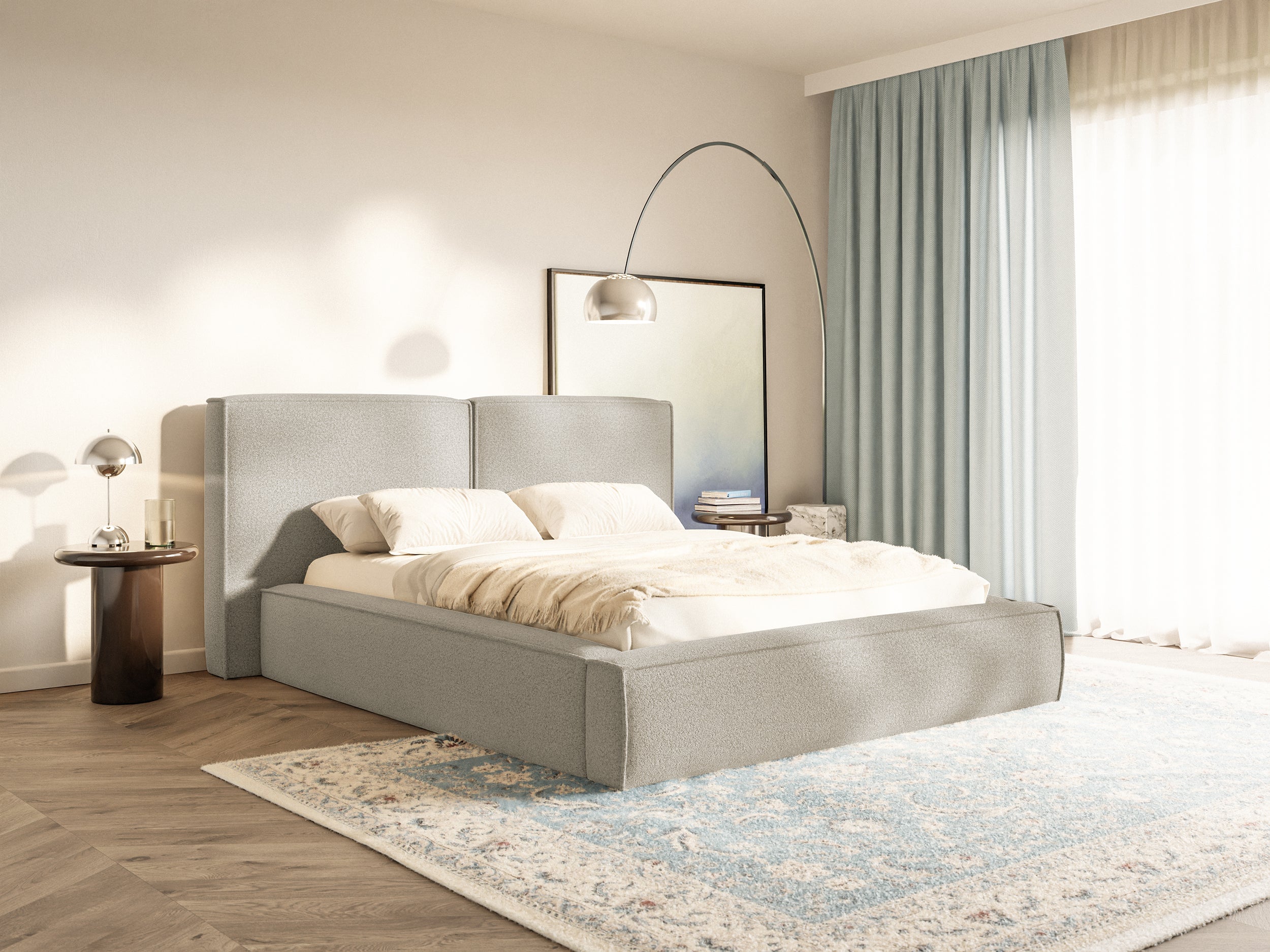Polsterbett 180x200 cm Tilves mit Stauraum, Metallrahmen, grau-braunes Bouclé