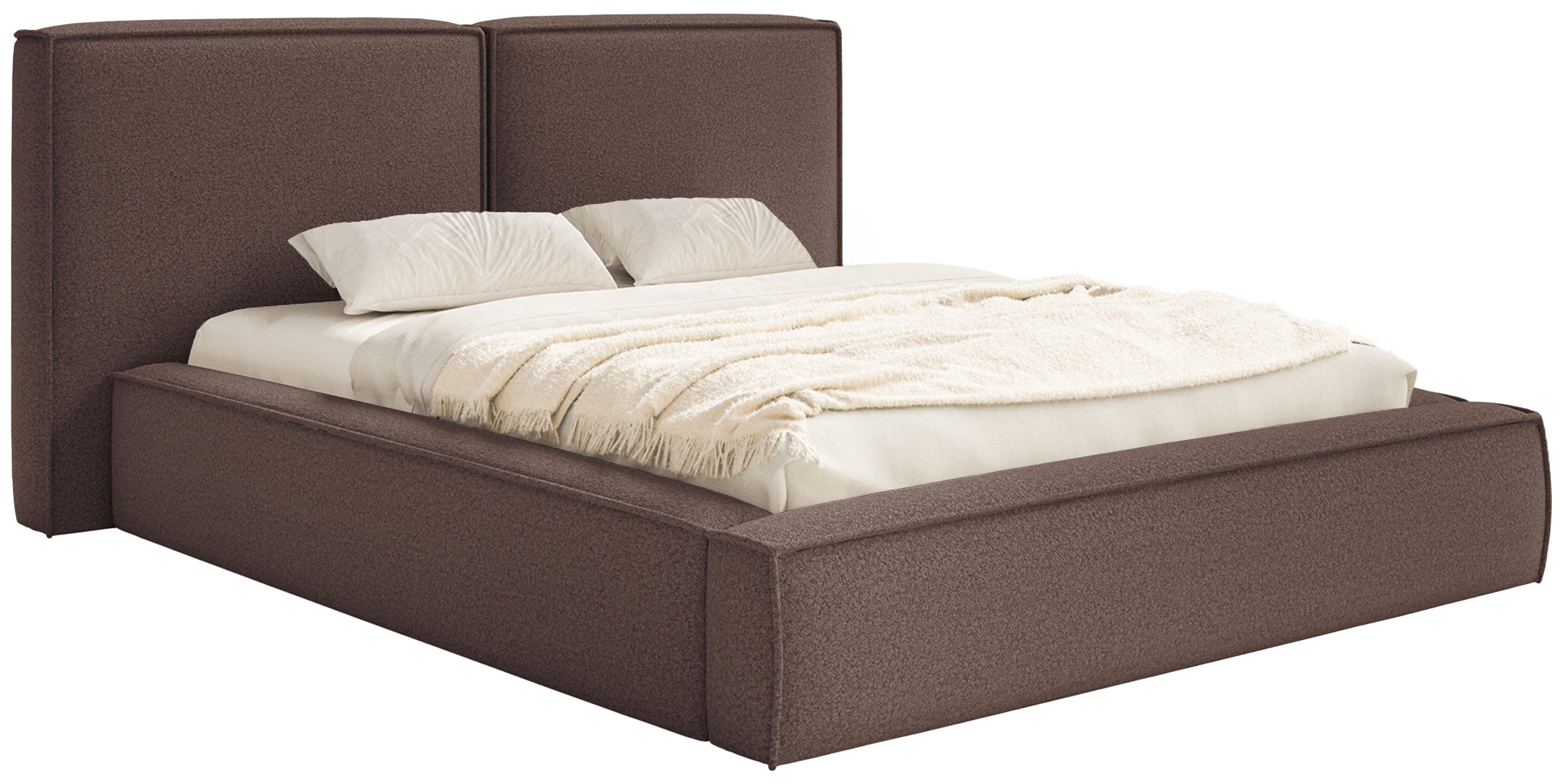 Polsterbett 200x200 cm Tilves mit Stauraum, Metallrahmen, braunes Bouclé