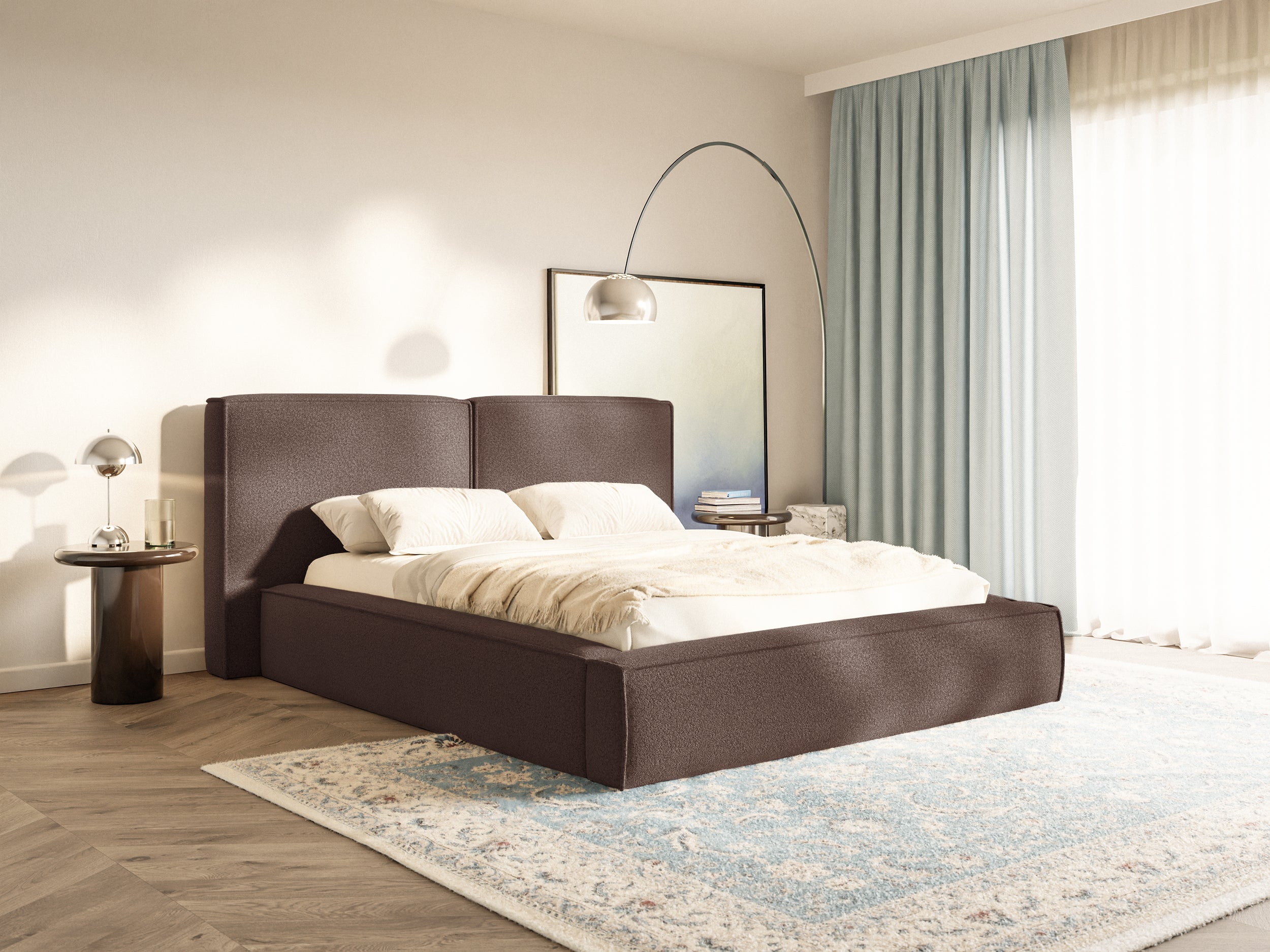 Polsterbett 200x200 cm Tilves mit Stauraum, Metallrahmen, braunes Bouclé