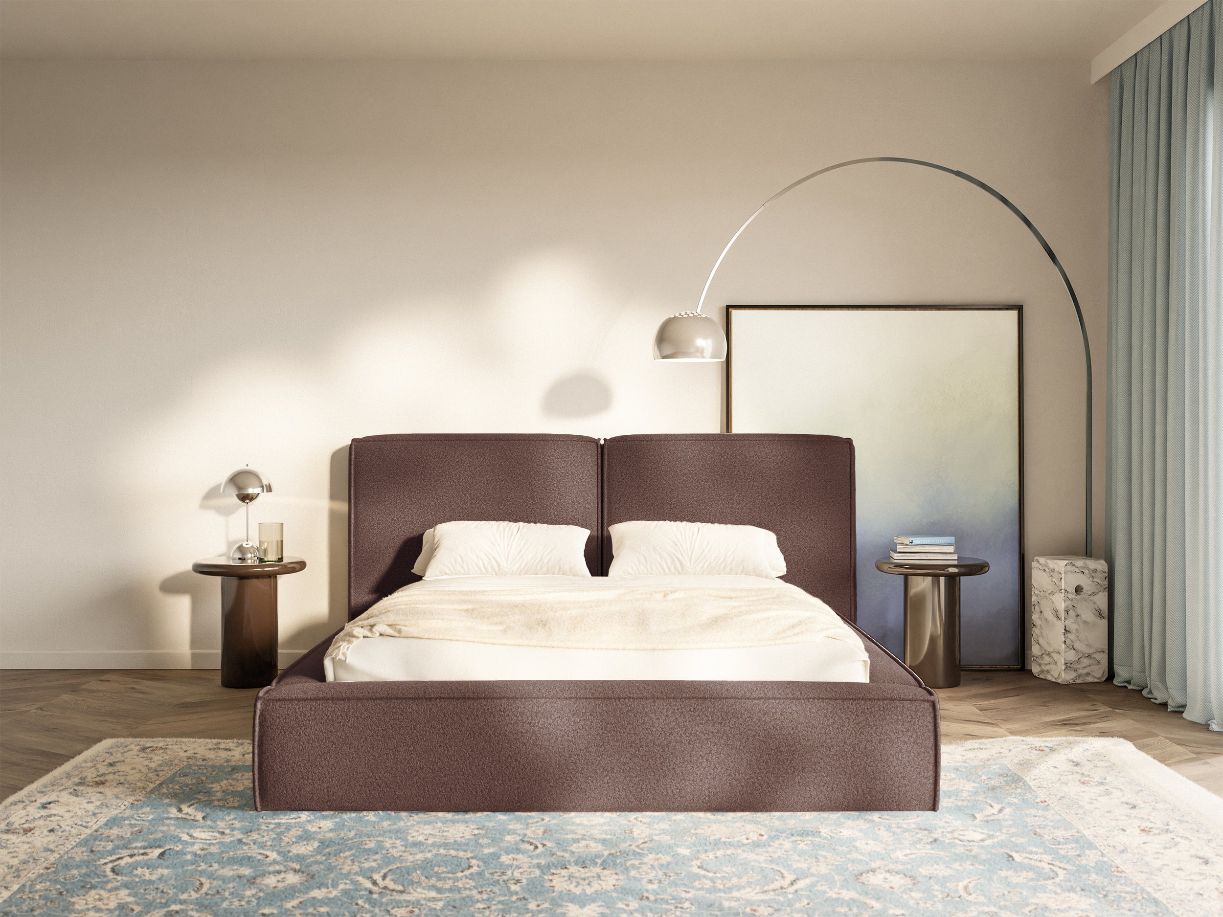 Polsterbett 200x200 cm Tilves mit Stauraum, Metallrahmen, braunes Bouclé