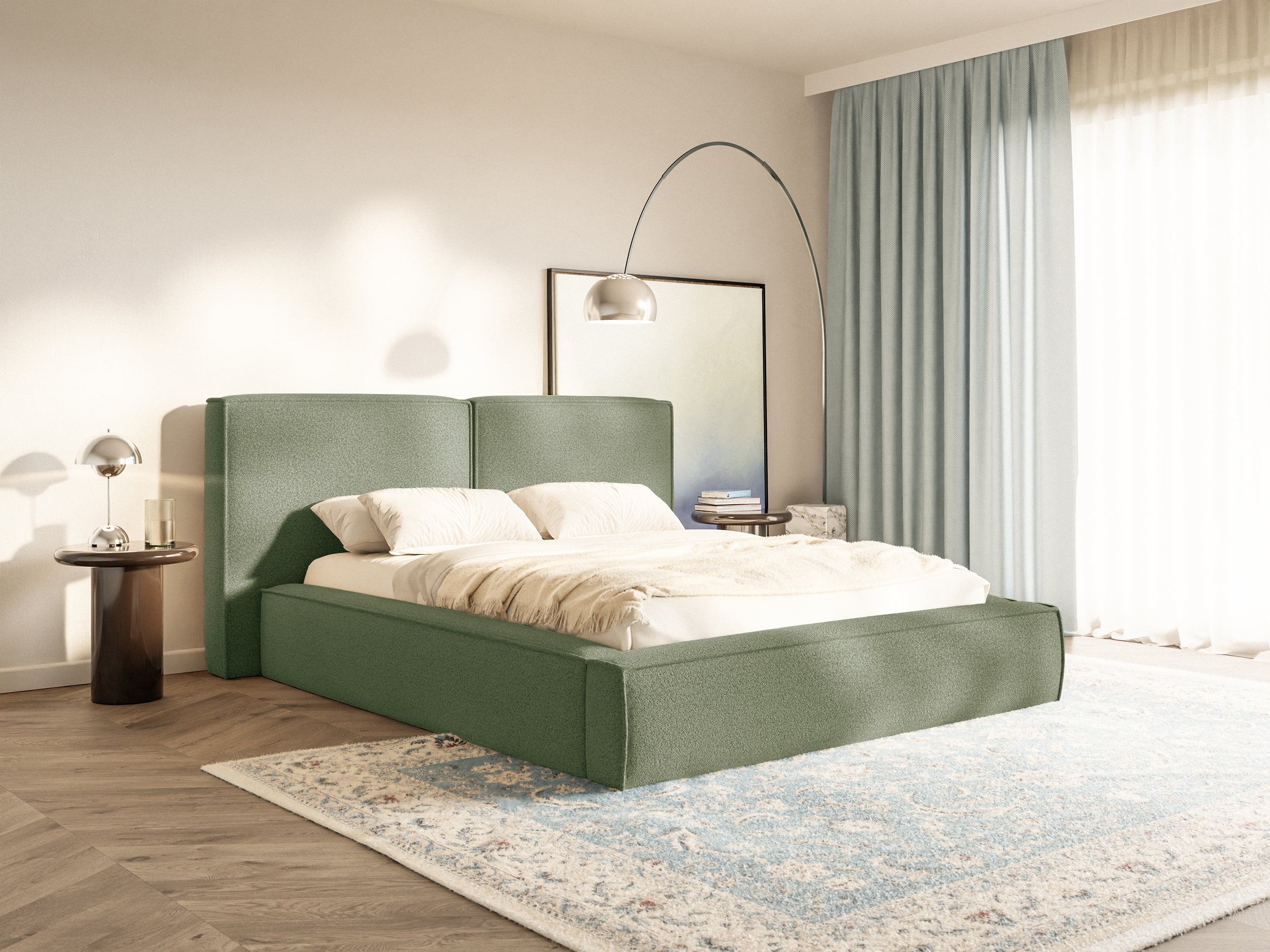 Polsterbett 140x200 cm Tilves mit Stauraum, Metallrahmen, olivfarbenes Bouclé