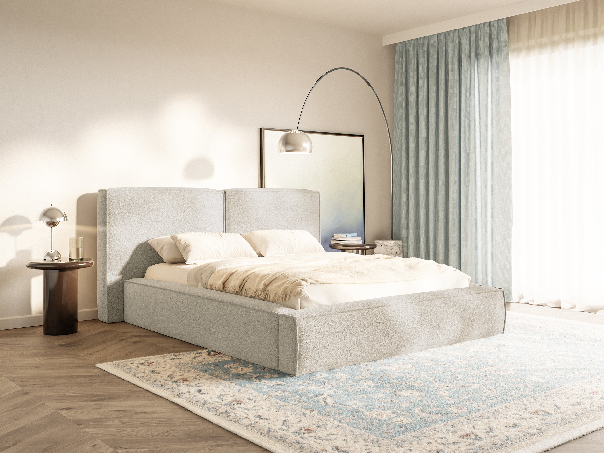 Polsterbett 200x200 cm Tilves mit Stauraum, Metallrahmen, hellbeige Bouclé