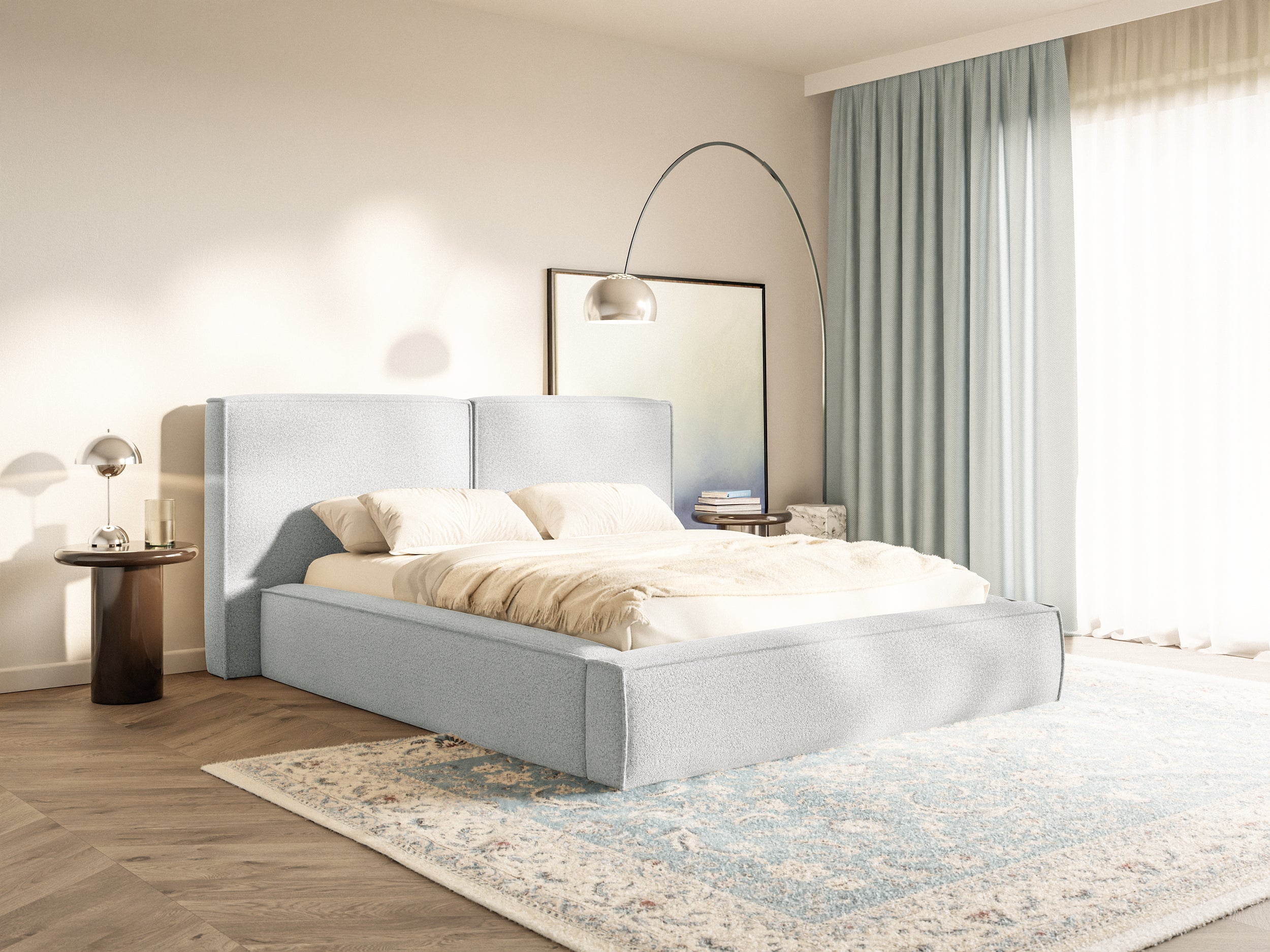 Polsterbett 140x200 cm Tilves mit Stauraum, Metallrahmen, hellgrauer Bouclé-Stoff